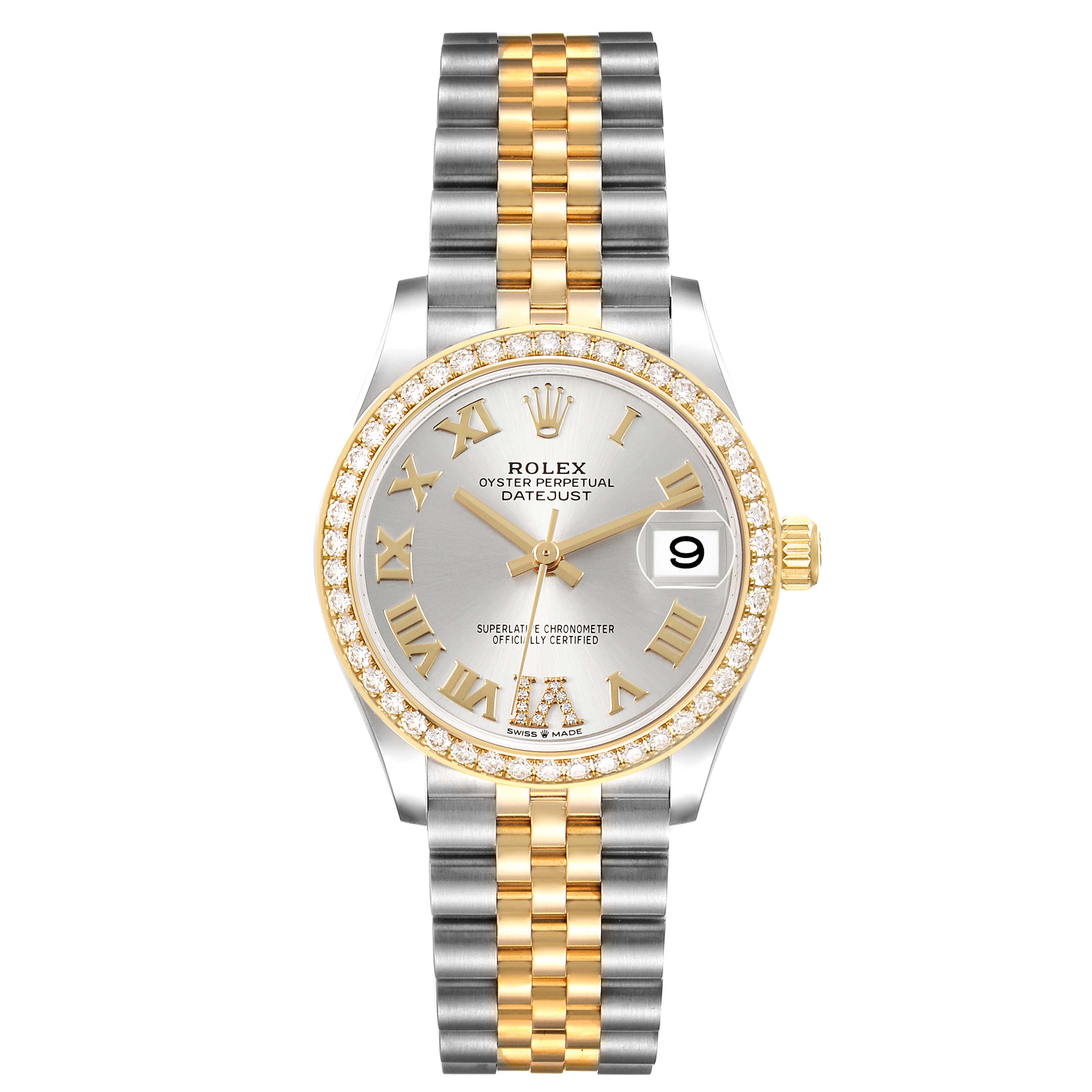 The Rolex Mid-Size M278383RBR-0004 Women's Steel and Gold (two tone) Silver Dial Datejust is shown from the front, featuring a silver dial, diamond bezel, and two-tone bracelet.