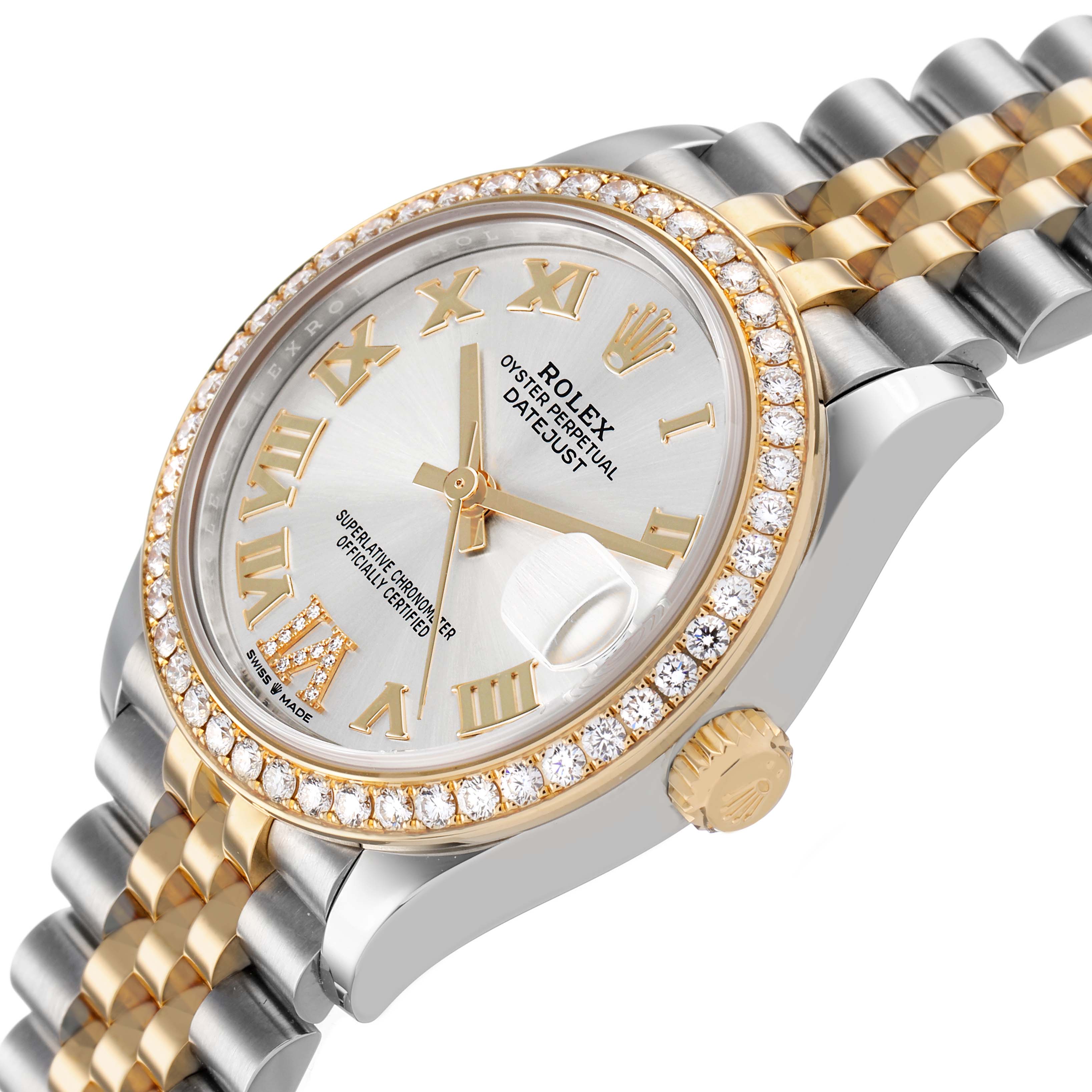 The image shows a Rolex Mid-Size M278383RBR-0004 Women's Steel and Gold (two tone) Silver Dial Datejust at an angled view, highlighting the bezel, dial, bracelet, and crown.