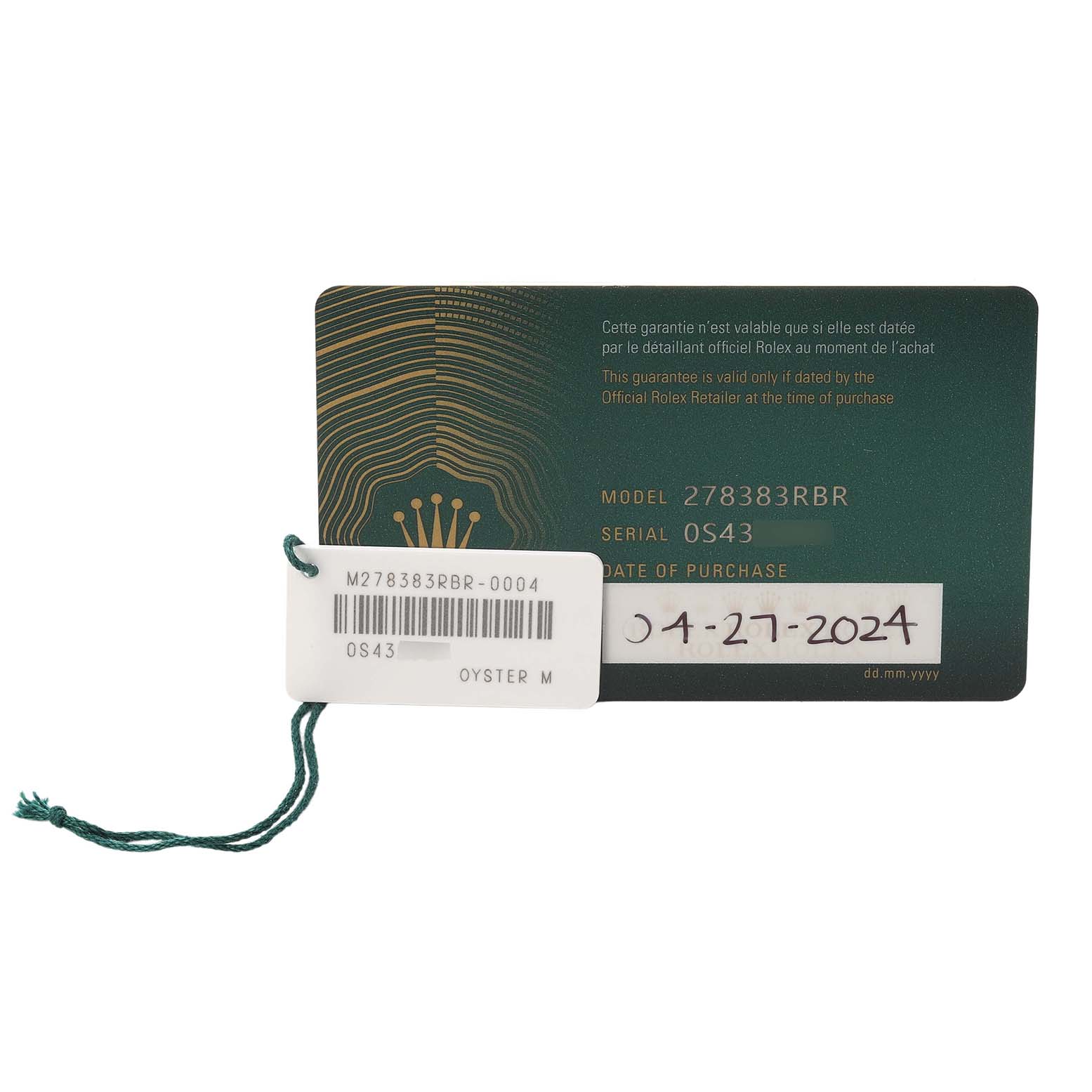 The image shows a Rolex guarantee card for the Mid-Size model 278383RBR with labels attached.