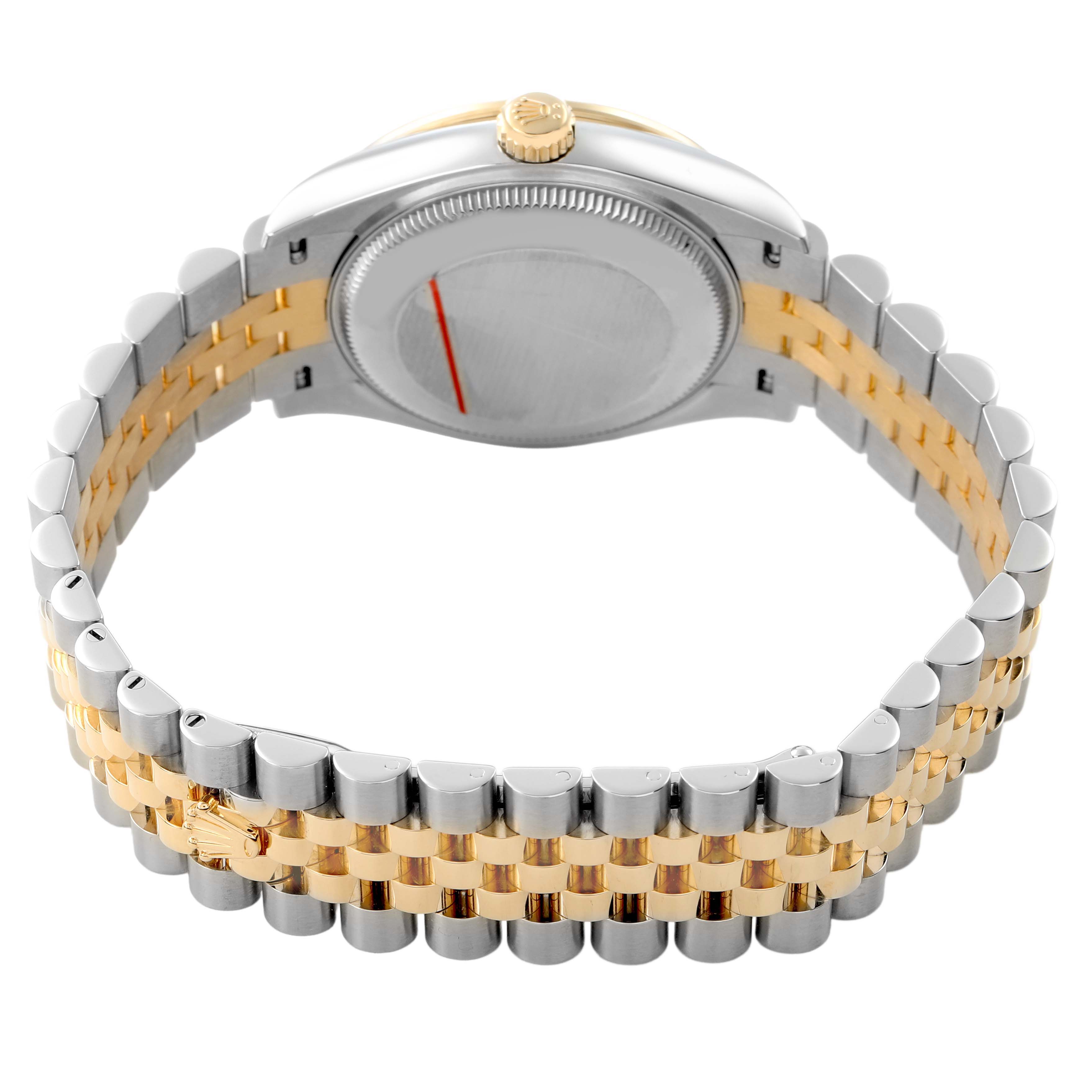 The Rolex Mid-Size M278383RBR-0004 Women's Steel and Gold (two tone) Silver Dial watch is shown from the back, highlighting the case back, bezel, crown, and two-tone bracelet.