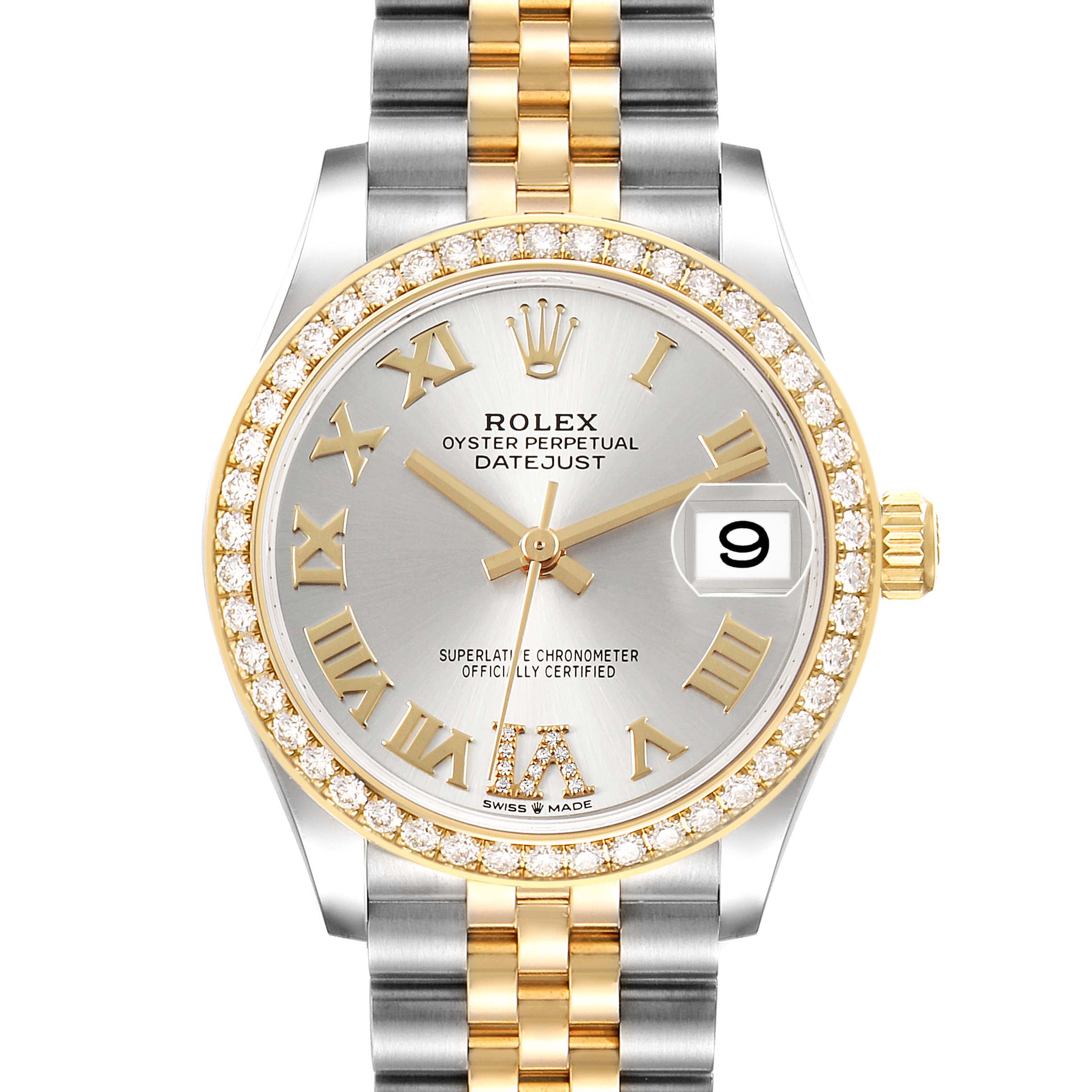The Rolex Datejust Mid-Size watch is shown from the front, displaying the dial, bezel, and bracelet.