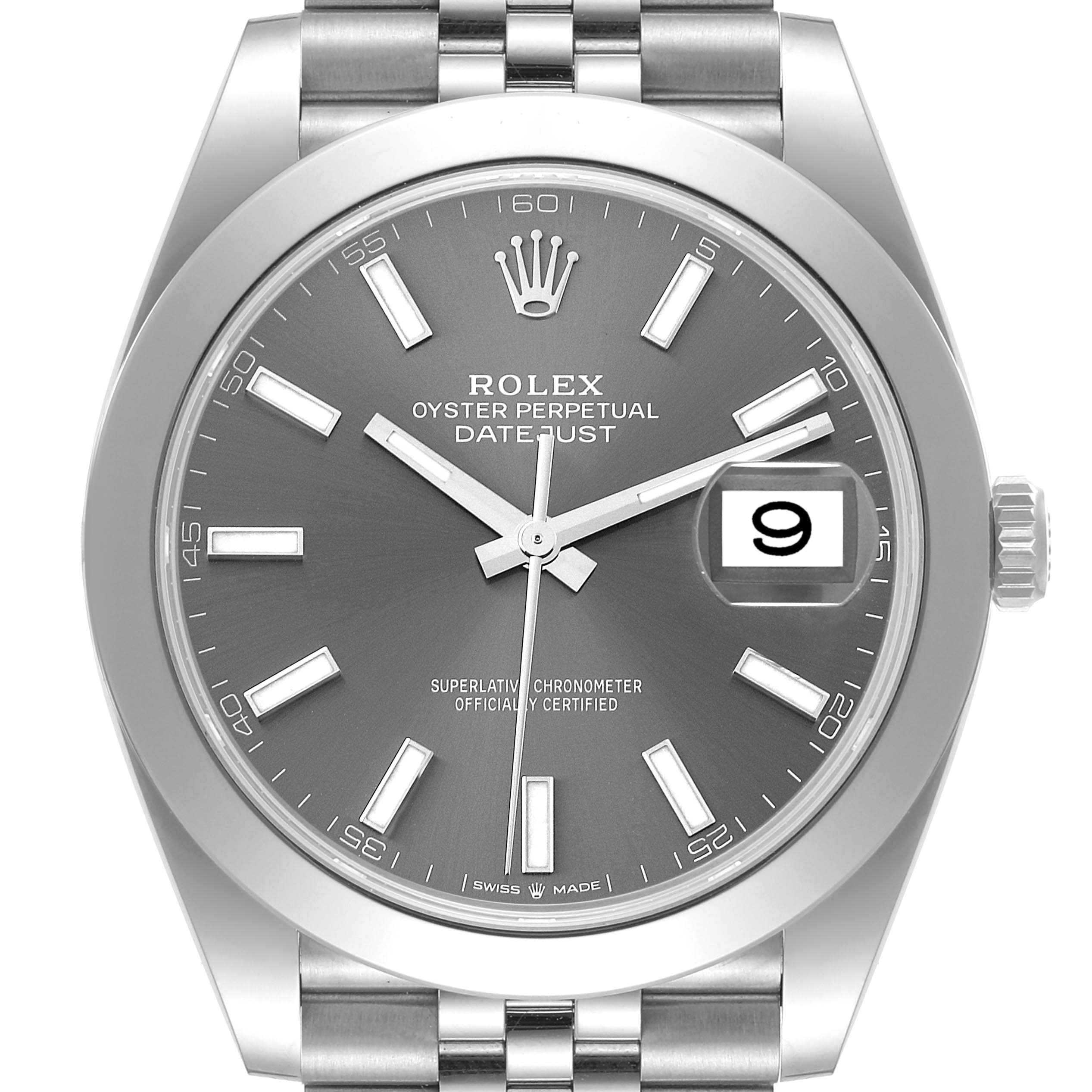 The image shows a front view of the Rolex Datejust 41 126300 Men's Stainless Steel Grey Dial 126300 Men's Stainless Steel Grey Dial model, highlighting its dial, hands, date window, and part of the bracelet.