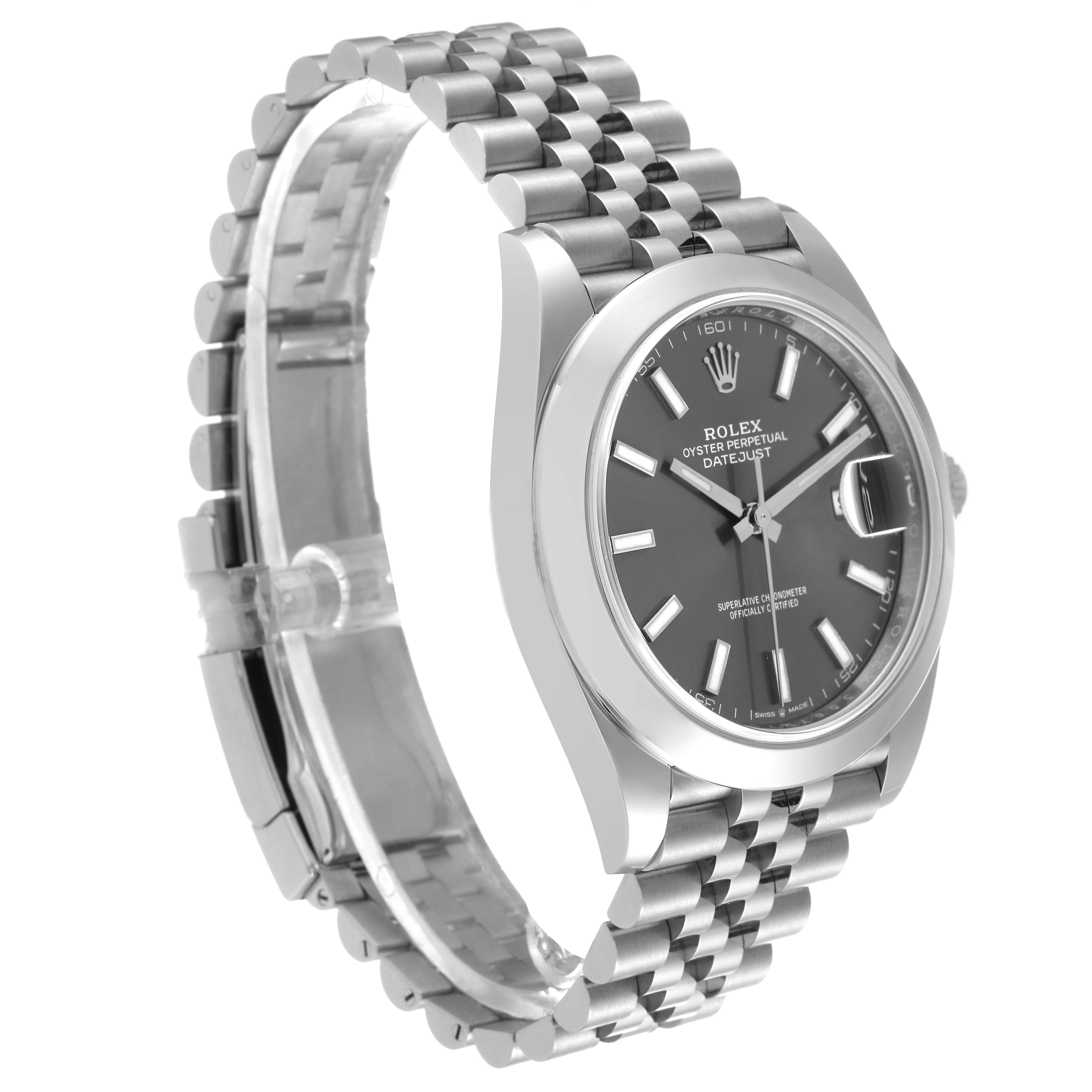 The image shows a side-angle view of the Rolex Datejust 41 126300 Men's Stainless Steel Grey Dial 126300 Men's Stainless Steel Grey Dial, revealing its bracelet, case, dial, and bezel.