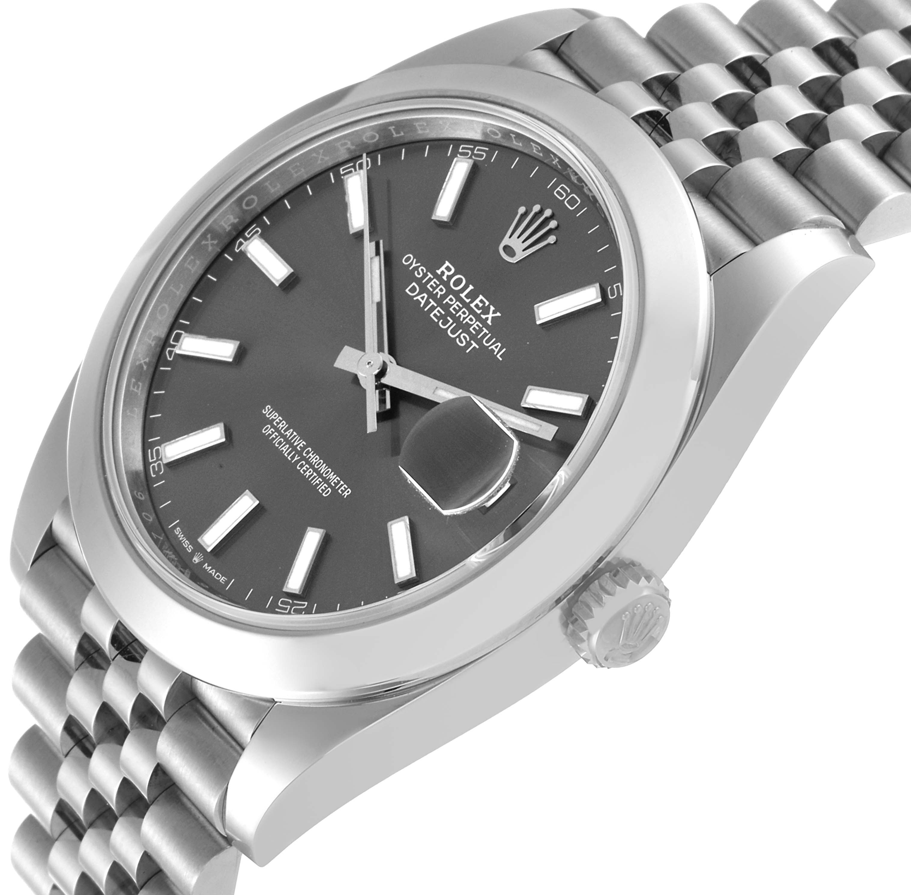 The image shows a Rolex Datejust 41 126300 Men's Stainless Steel Grey Dial 126300 Men's Stainless Steel Grey Dial watch from an angled side view, displaying the face, bezel, crown, and bracelet.