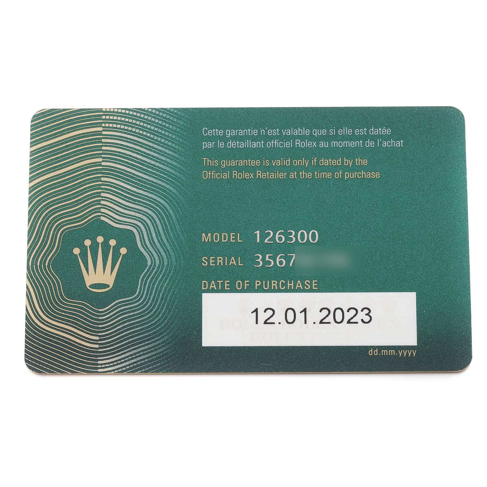 The image shows a guarantee card for the Rolex Datejust 41 126300 Men's Stainless Steel Grey Dial 126300 Men's Stainless Steel Grey Dial model with details such as model number, serial number, and date of purchase.