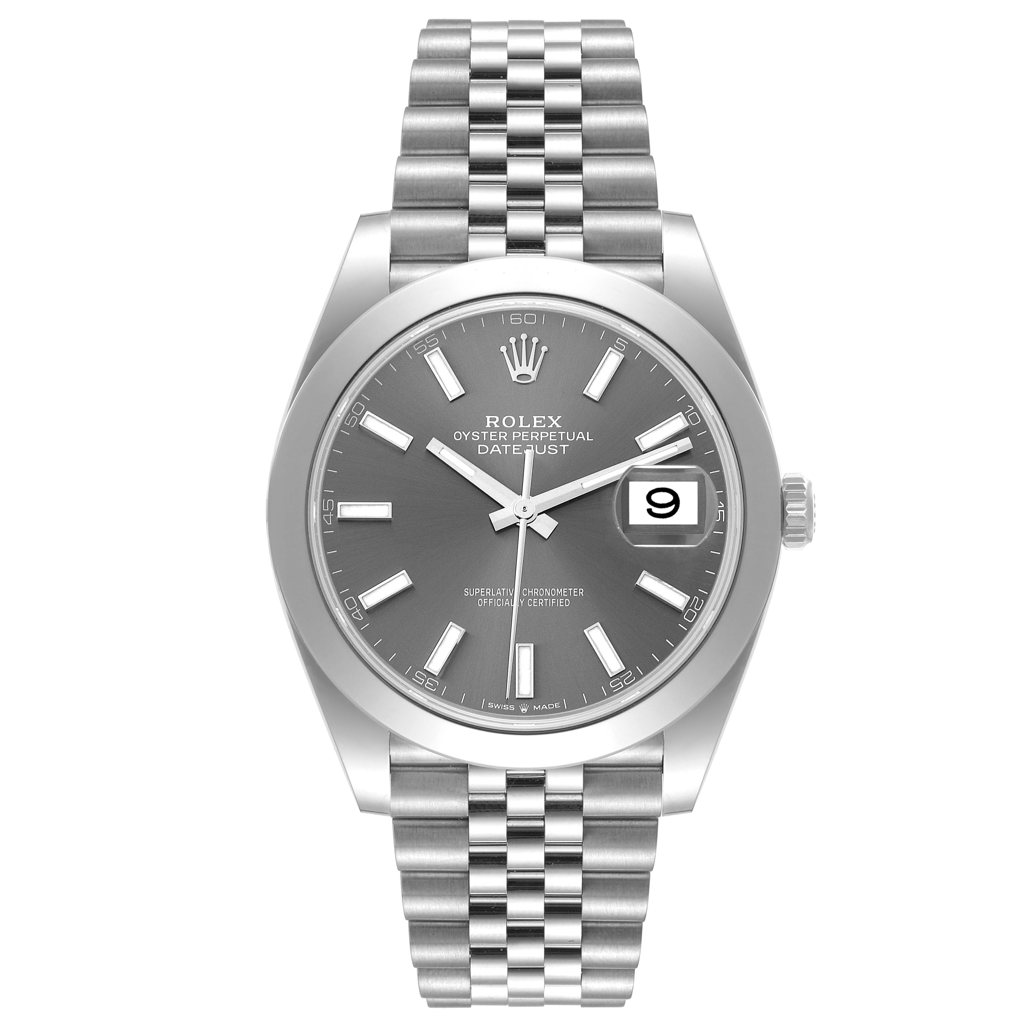 The image shows a Rolex Datejust 41 126300 Men's Stainless Steel Grey Dial 126300 Men's Stainless Steel Grey Dial watch from a top-down angle, highlighting its face, bezel, and bracelet.