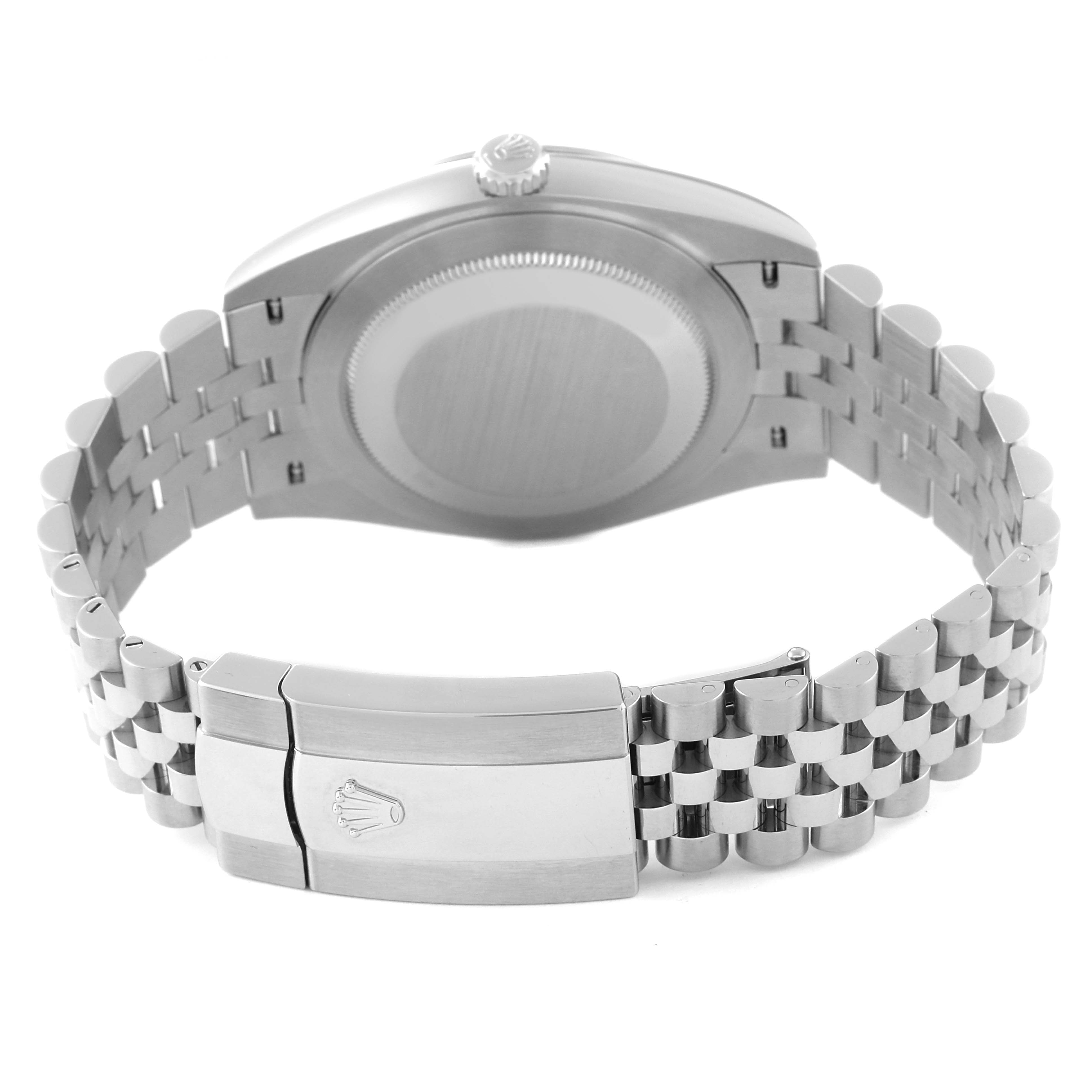 The image shows the back view of a Rolex Datejust 41 126300 Men's Stainless Steel Grey Dial 126300 Men's Stainless Steel Grey Dial, highlighting the case back, bracelet, and clasp.