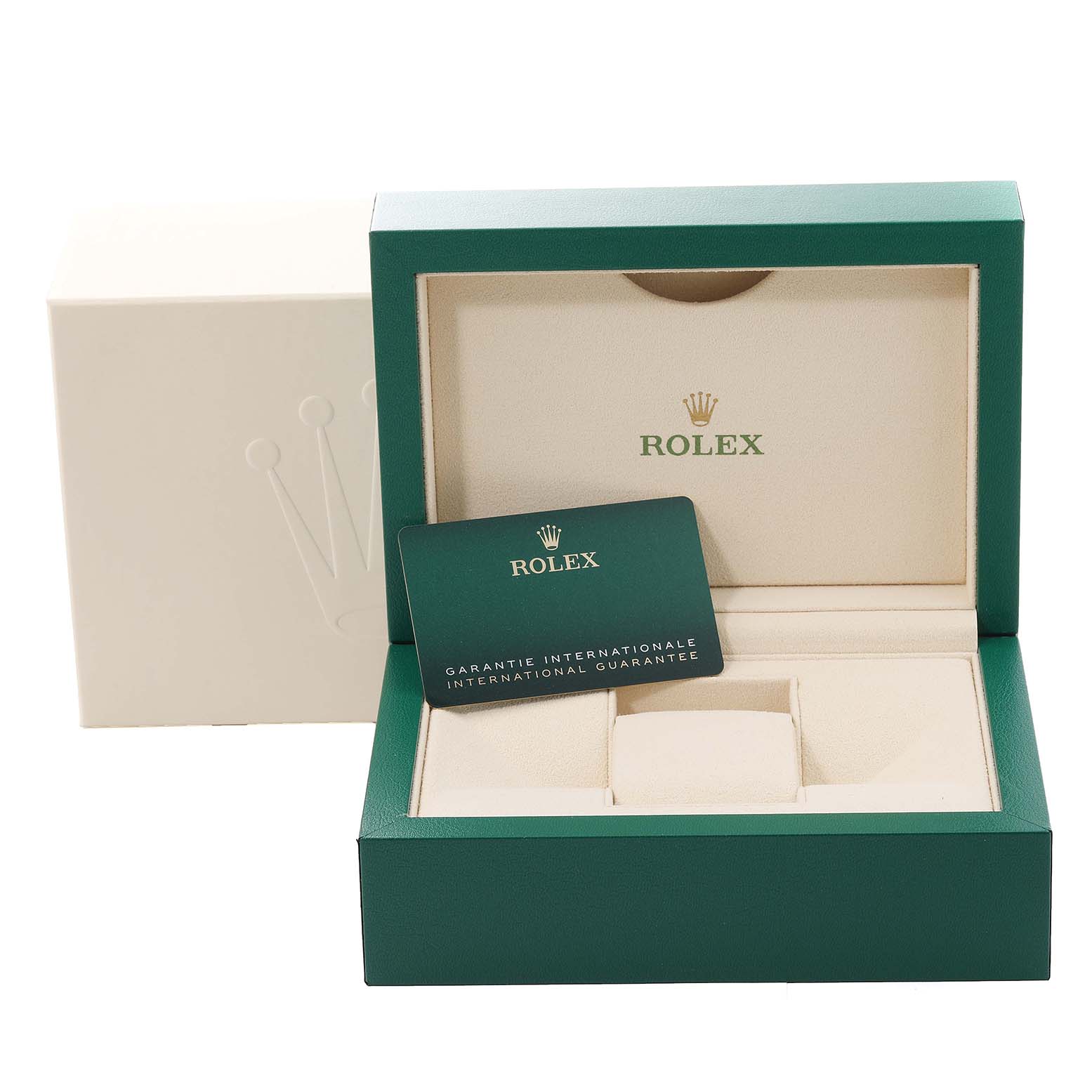 The image shows the open box and warranty card of a Rolex Datejust 41 126300 Men's Stainless Steel Grey Dial 126300 Men's Stainless Steel Grey Dial watch.