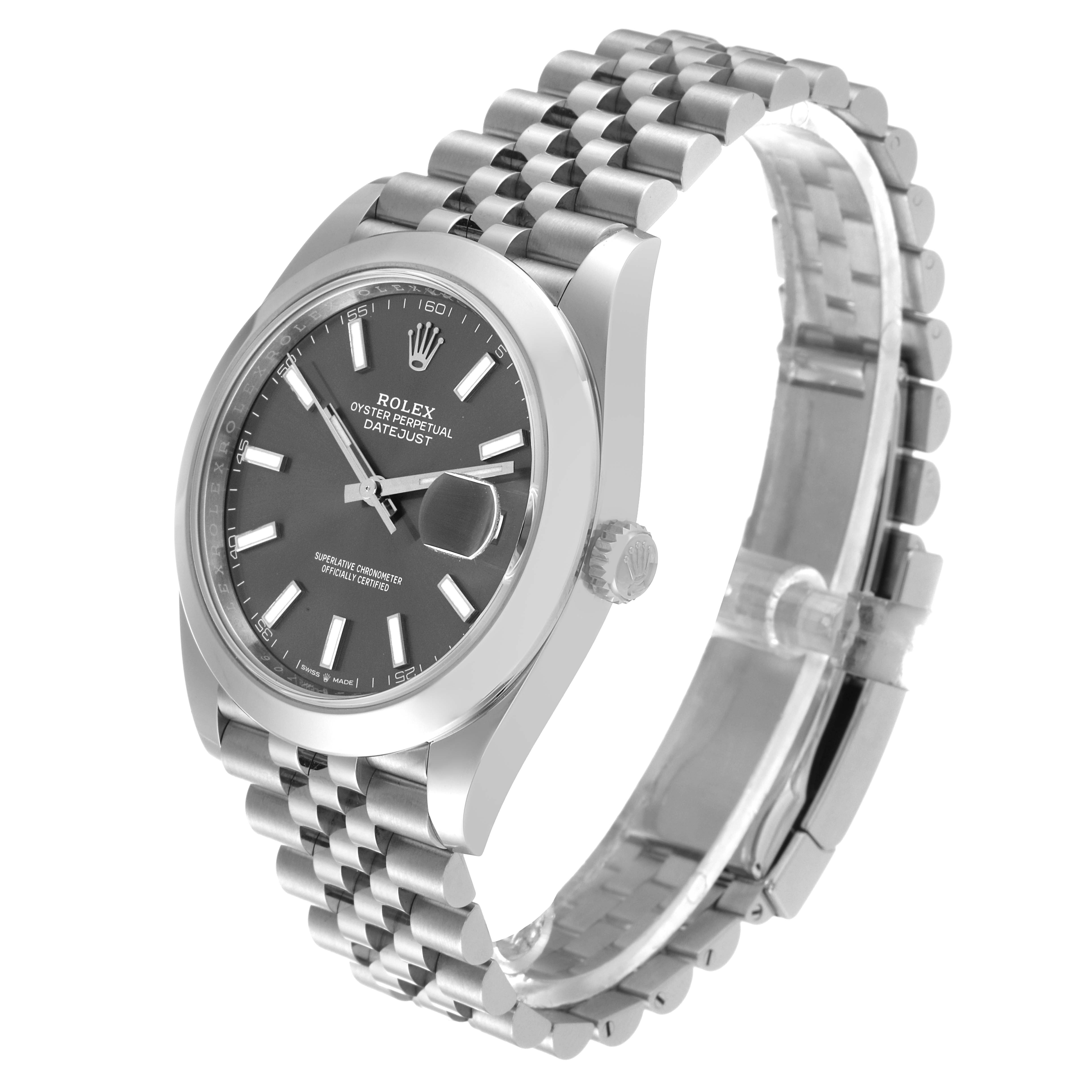 The image shows a Rolex Datejust 41 126300 Men's Stainless Steel Grey Dial 126300 Men's Stainless Steel Grey Dial watch at a three-quarter angle, highlighting the dial, bezel, case, and Jubilee bracelet.