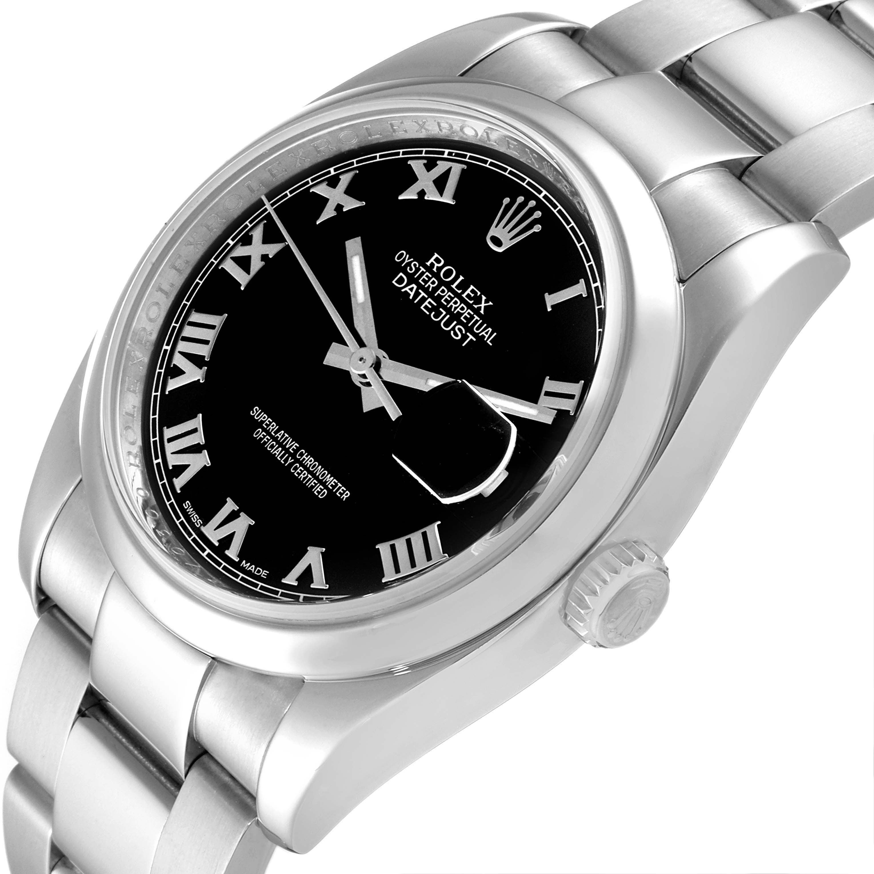 The Rolex Datejust 116200 Men
s Stainless Steel Black Dial 116200 Men
s Stainless Steel Black Dial watch is shown from a slightly tilted side angle, highlighting the case, crown, bracelet, and dial.