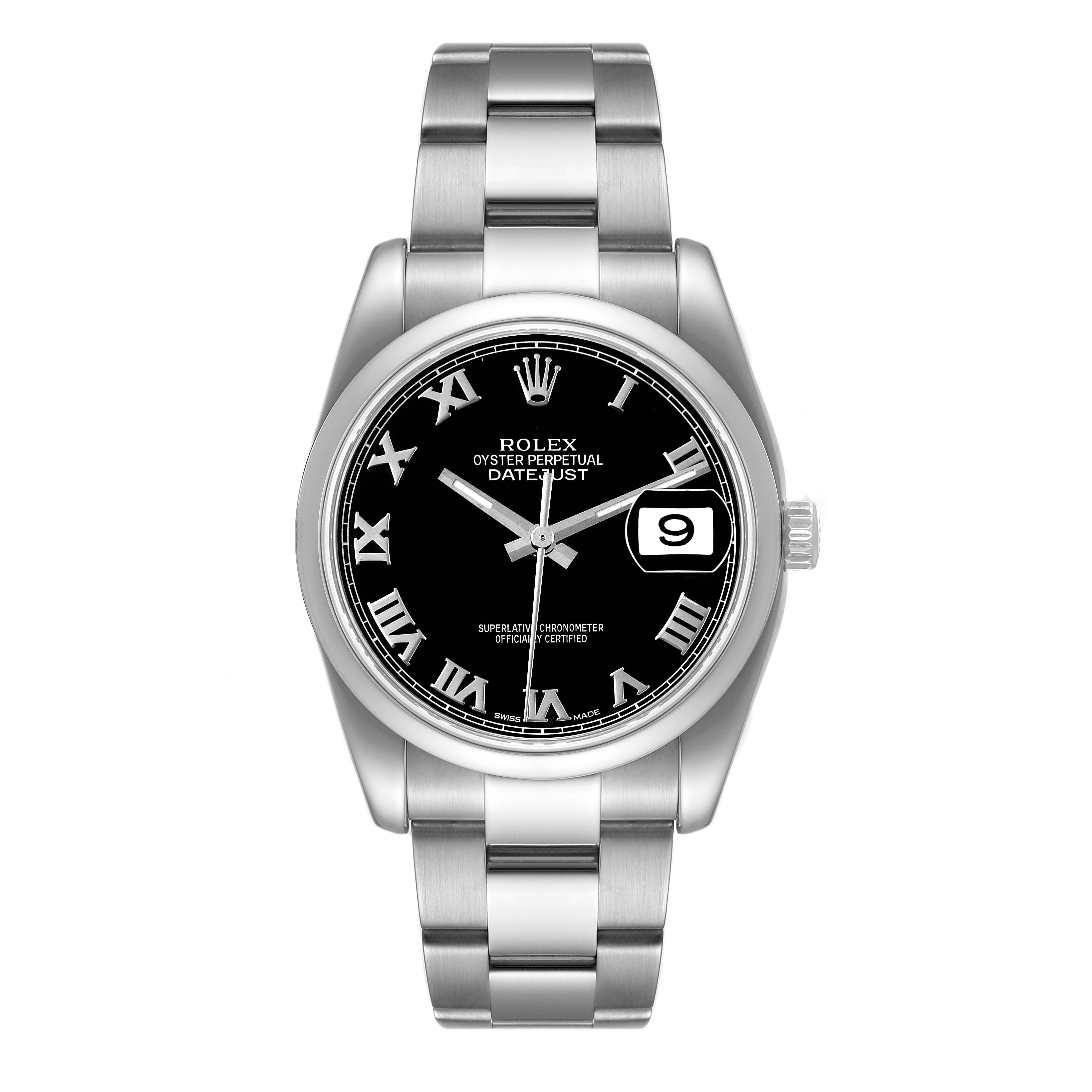 The image shows a front view of a Rolex Datejust 116200 Men
s Stainless Steel Black Dial 116200 Men
s Stainless Steel Black Dial watch, highlighting the black dial, date function, and stainless steel bracelet.