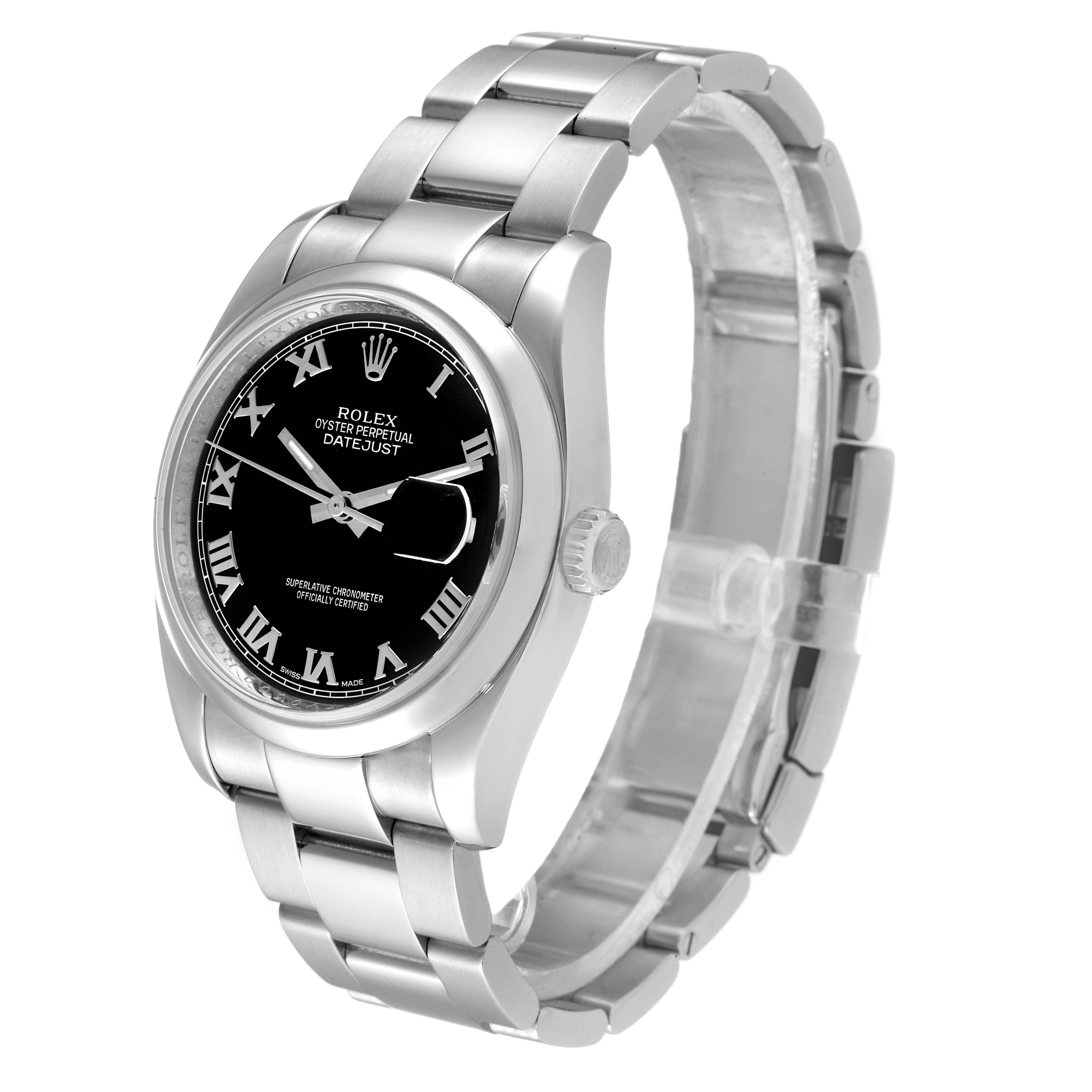 This image shows a Rolex Datejust 116200 Men
s Stainless Steel Black Dial 116200 Men
s Stainless Steel Black Dial watch at a three-quarter angle, displaying the dial, bracelet, and crown.