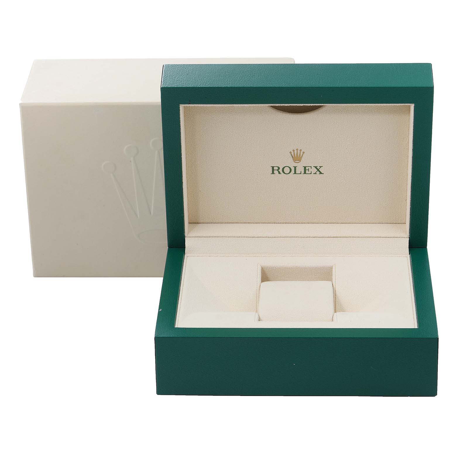 The image shows the open box and outer box of a Rolex Datejust 116200 Men
s Stainless Steel Black Dial 116200 Men
s Stainless Steel Black Dial model, with the inner green box displaying the Rolex logo inside.