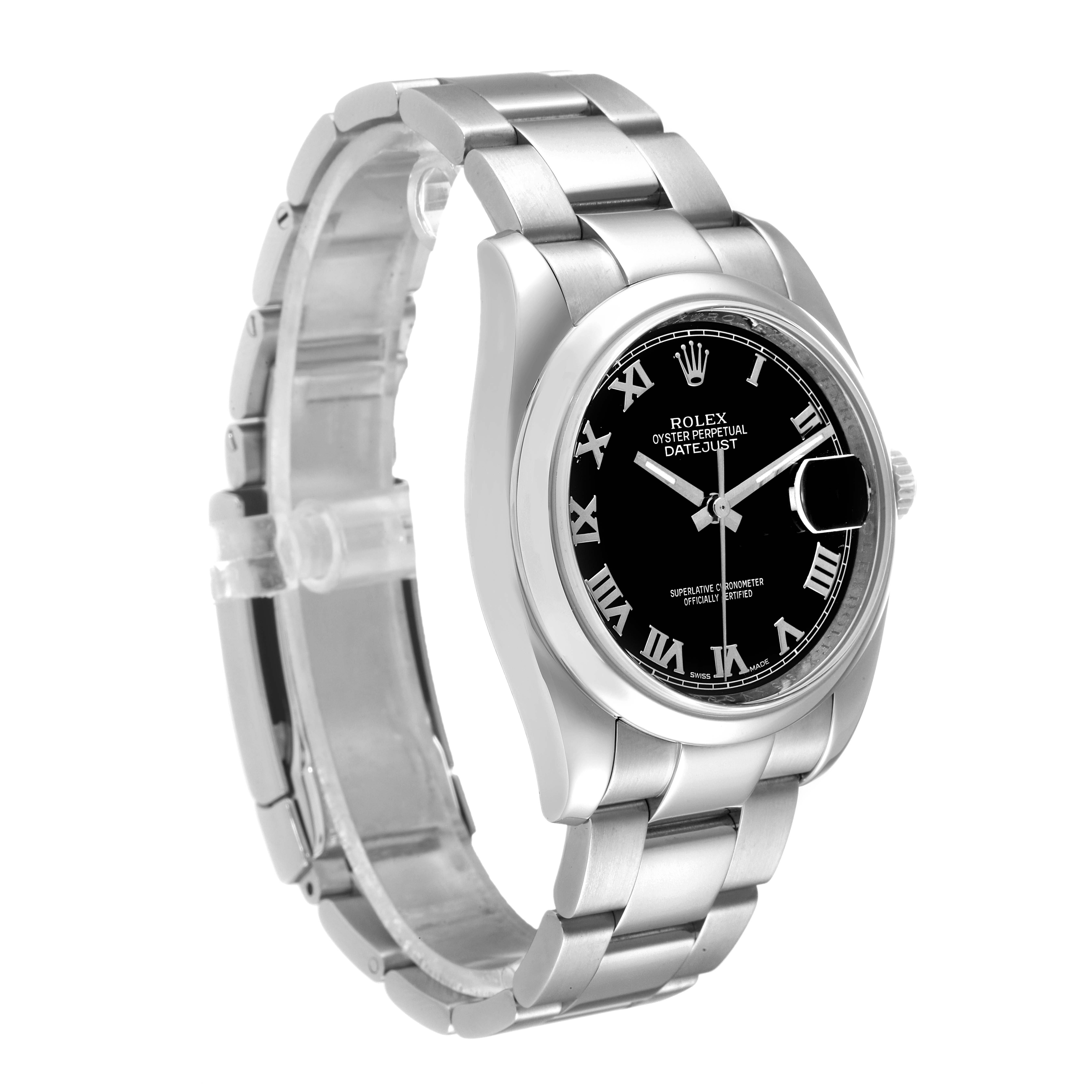 The image shows the Rolex Datejust 116200 Men
s Stainless Steel Black Dial 116200 Men
s Stainless Steel Black Dial watch at an angled side view, highlighting the watch face, bezel, and bracelet.