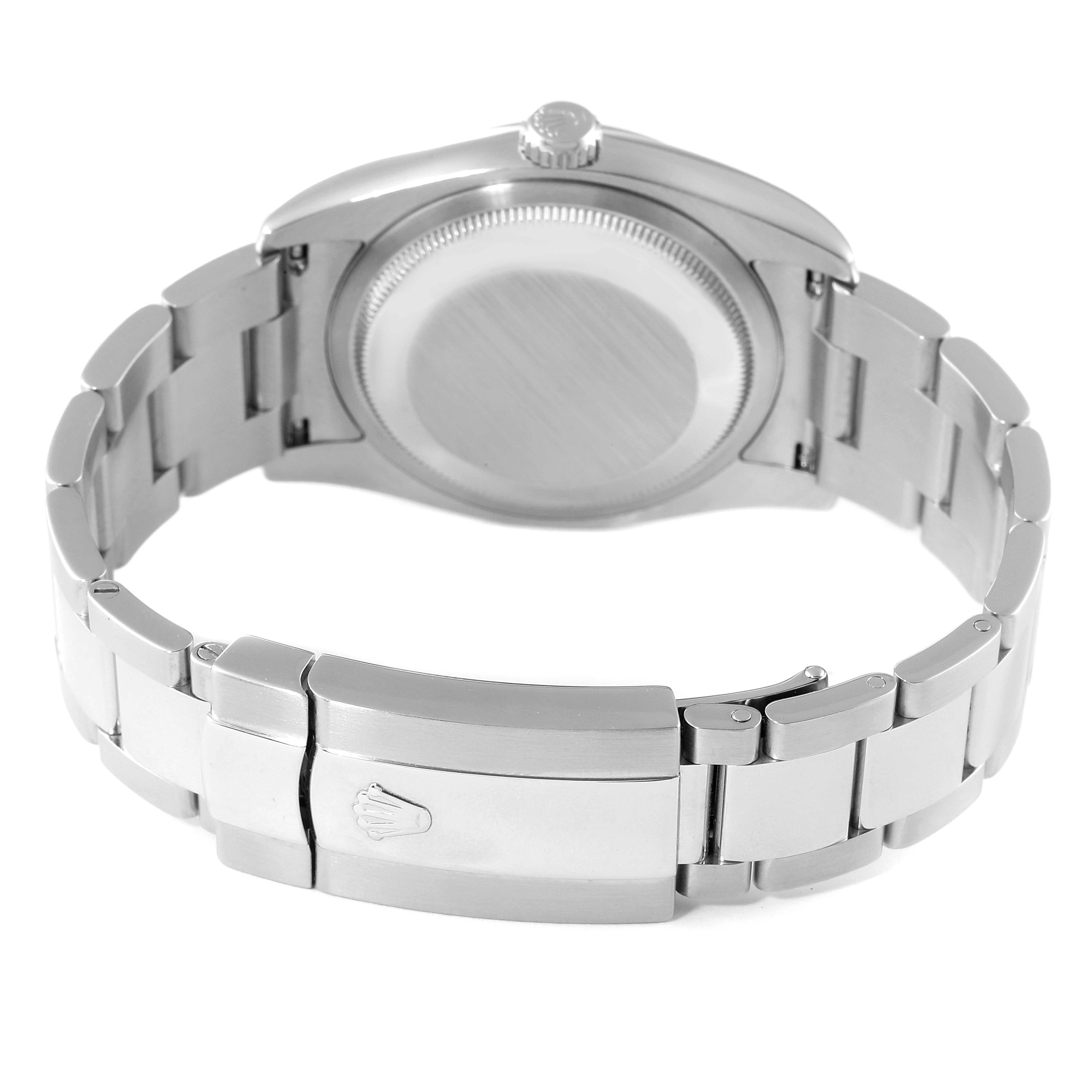 This image displays the back view of a Rolex Datejust 116200 Men
s Stainless Steel Black Dial 116200 Men
s Stainless Steel Black Dial watch, highlighting its case back and metal bracelet.