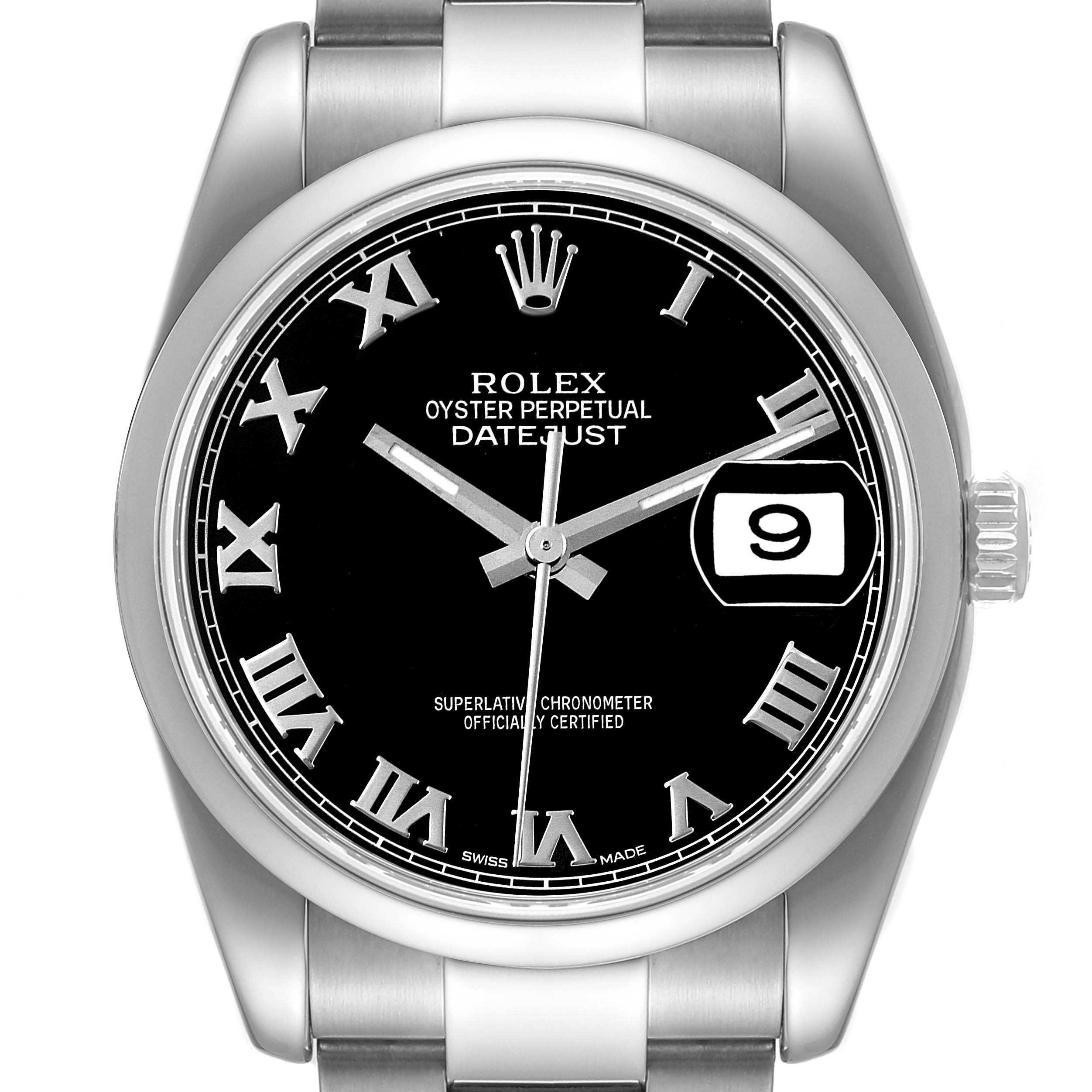 This image displays a front view of a Rolex Datejust 116200 Men
s Stainless Steel Black Dial 116200 Men
s Stainless Steel Black Dial watch, showcasing its black dial, Roman numerals, and date window at the 3 o
clock position.