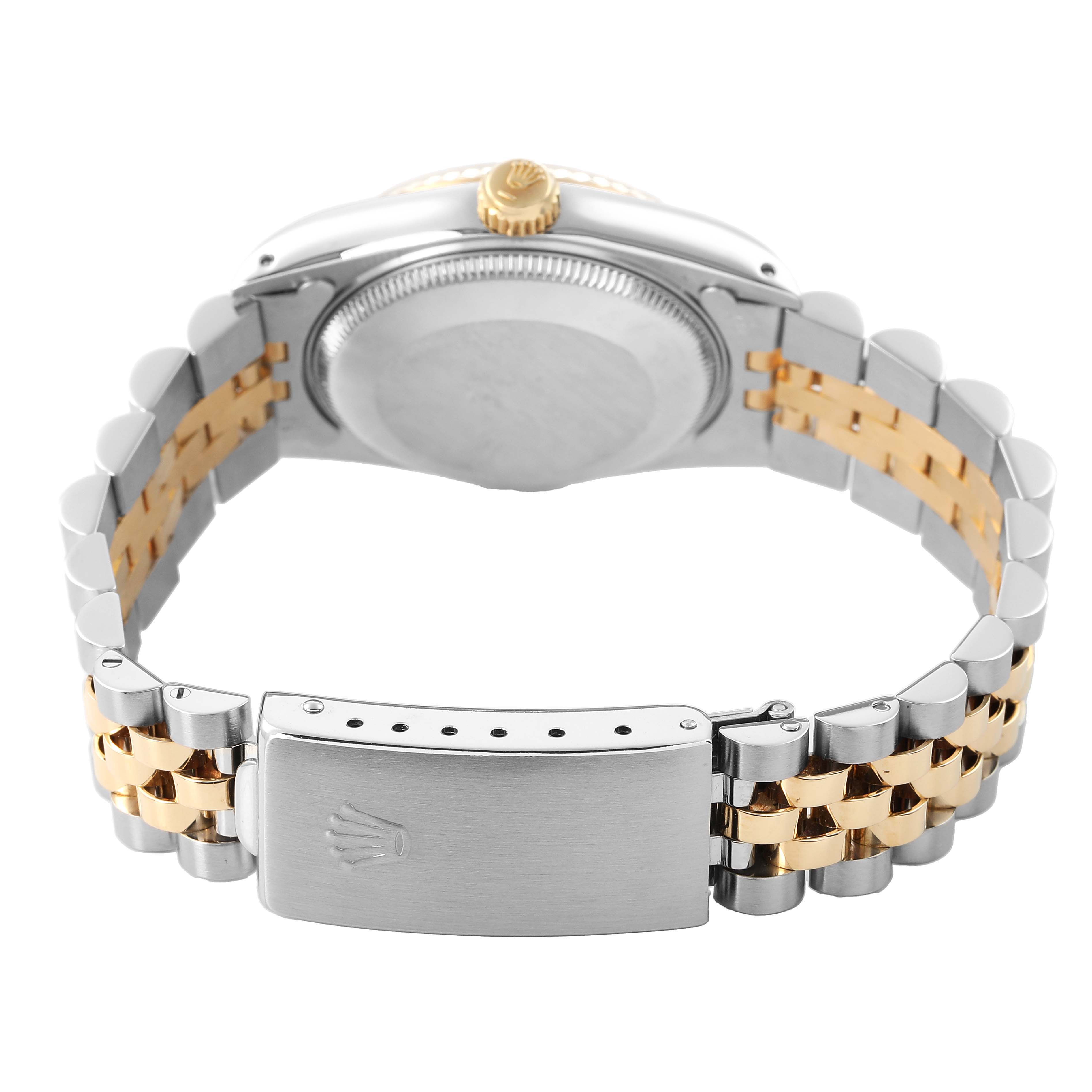 The image shows the back and clasp of a Rolex Datejust 68273 Women's Steel and Gold (two tone) Champagne Dial, highlighting the bracelet and caseback.