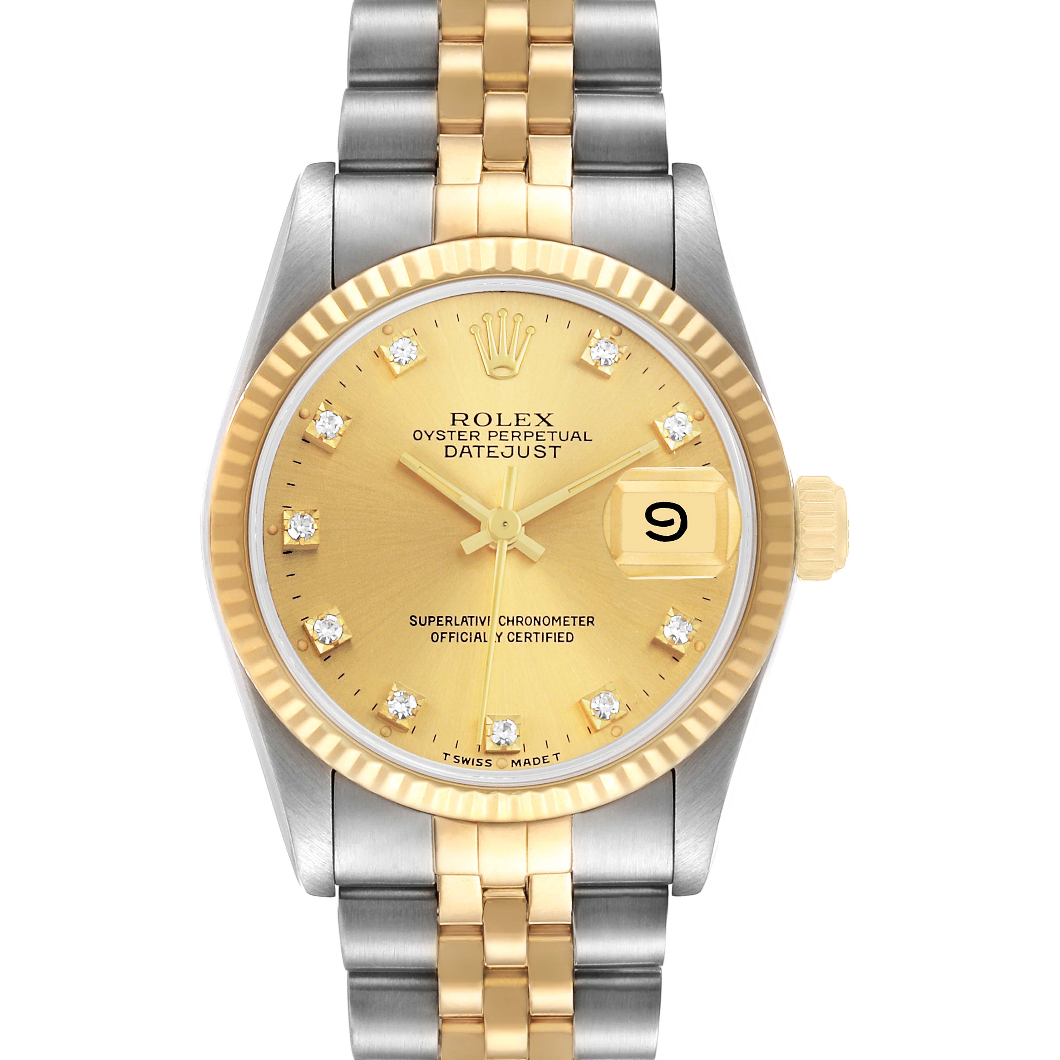 The Rolex Datejust 68273 Women's Steel and Gold (two tone) Champagne Dial watch is shown from a frontal angle, displaying the dial, bezel, bracelet, and crown.
