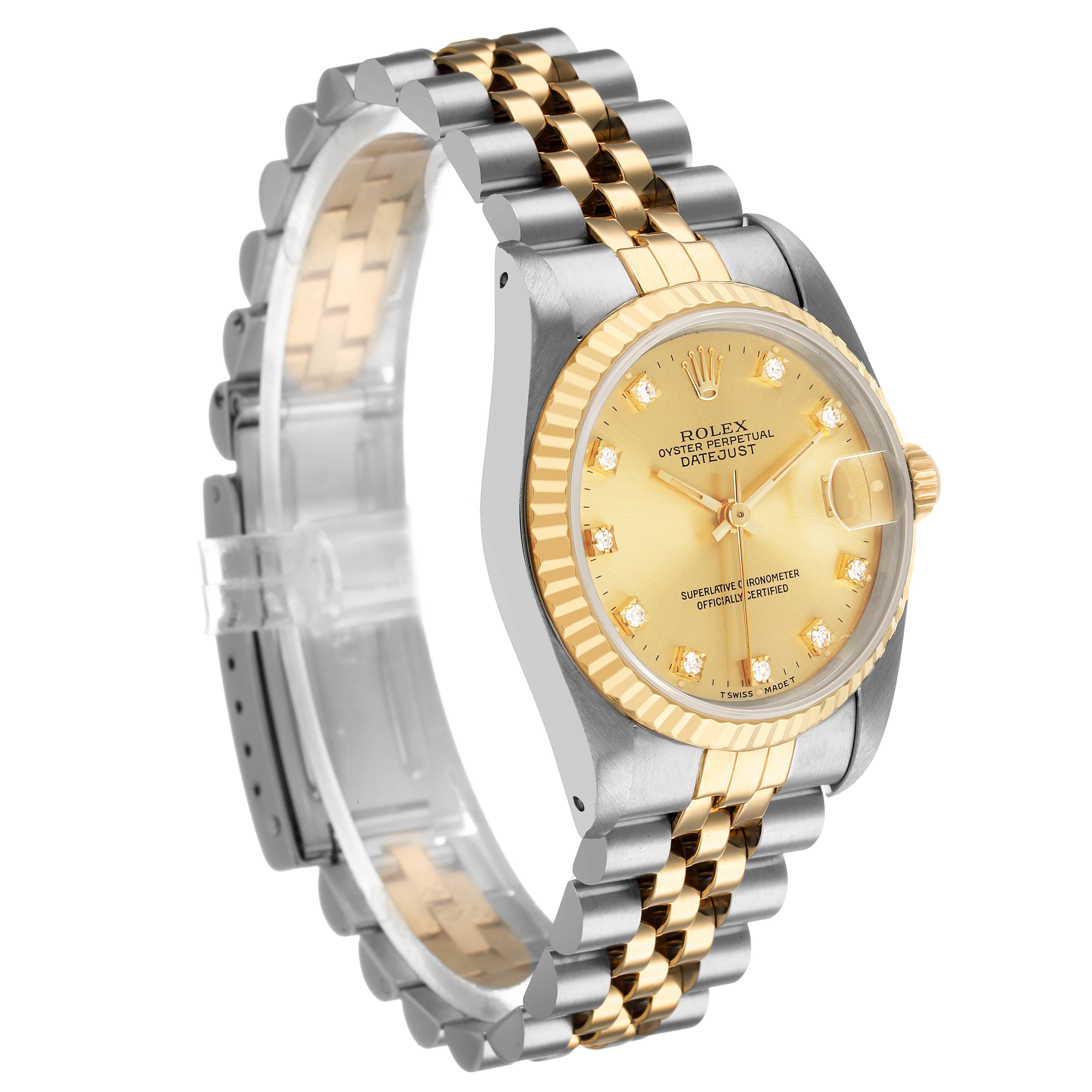 The Rolex Datejust 68273 Women's Steel and Gold (two tone) Champagne Dial watch is shown at a three-quarter angle, highlighting the dial, bezel, crown, and two-tone bracelet.