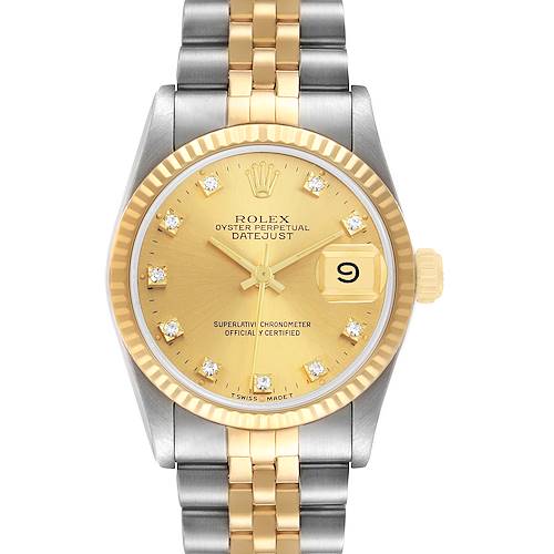 The Rolex Datejust 68273 Women's Steel and Gold (two tone) Champagne Dial watch is shown from the front, highlighting the dial, bezel, and two-tone bracelet.