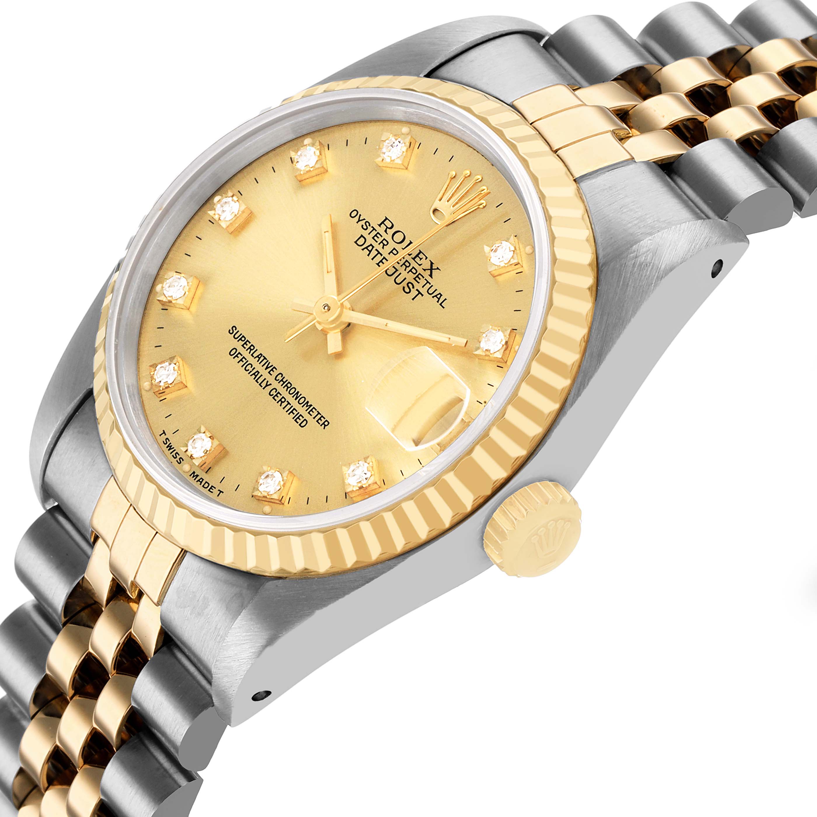 The Rolex Datejust 68273 Women's Steel and Gold (two tone) Champagne Dial watch is shown at a three-quarter angle, highlighting the gold dial, fluted bezel, and two-tone jubilee bracelet.