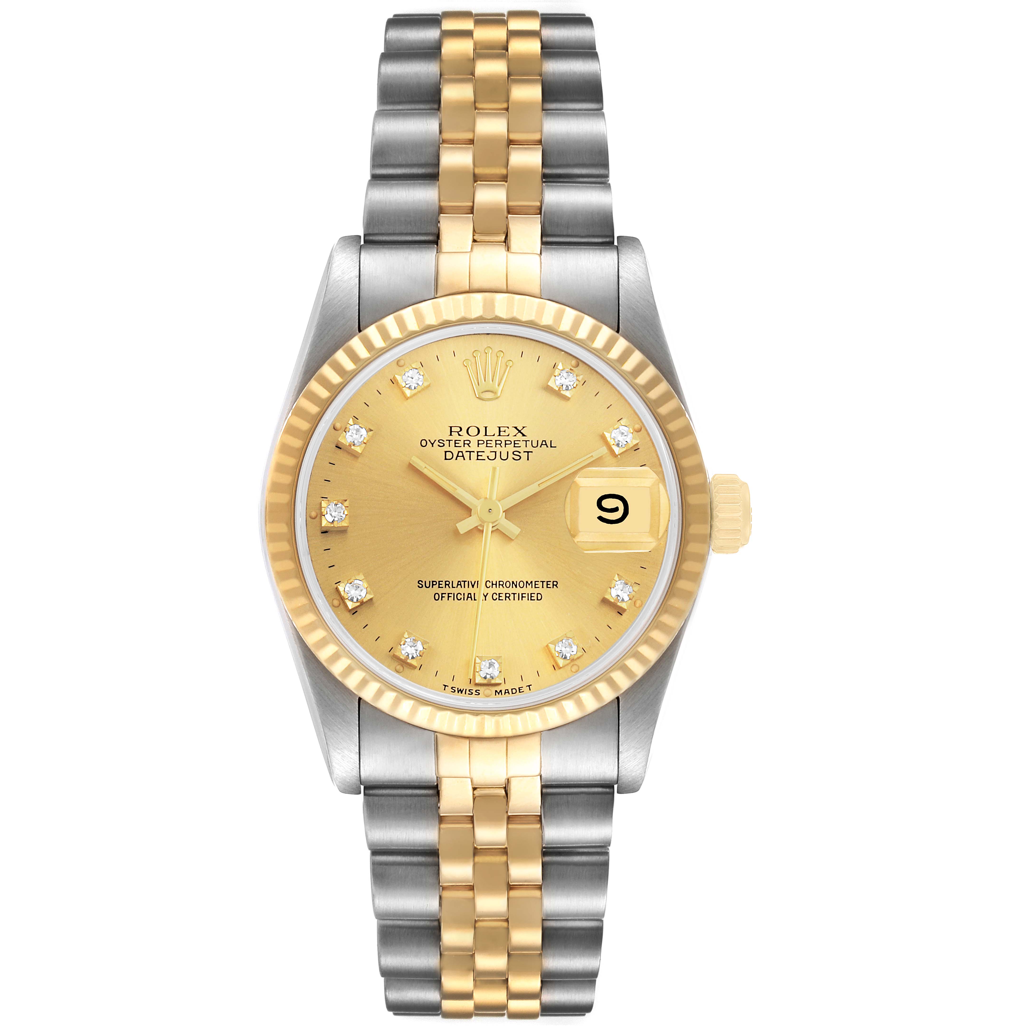 The Rolex Datejust 68273 Women's Steel and Gold (two tone) Champagne Dial watch is shown from a top view, highlighting the gold and silver bracelet, gold bezel, and face with diamond markers.