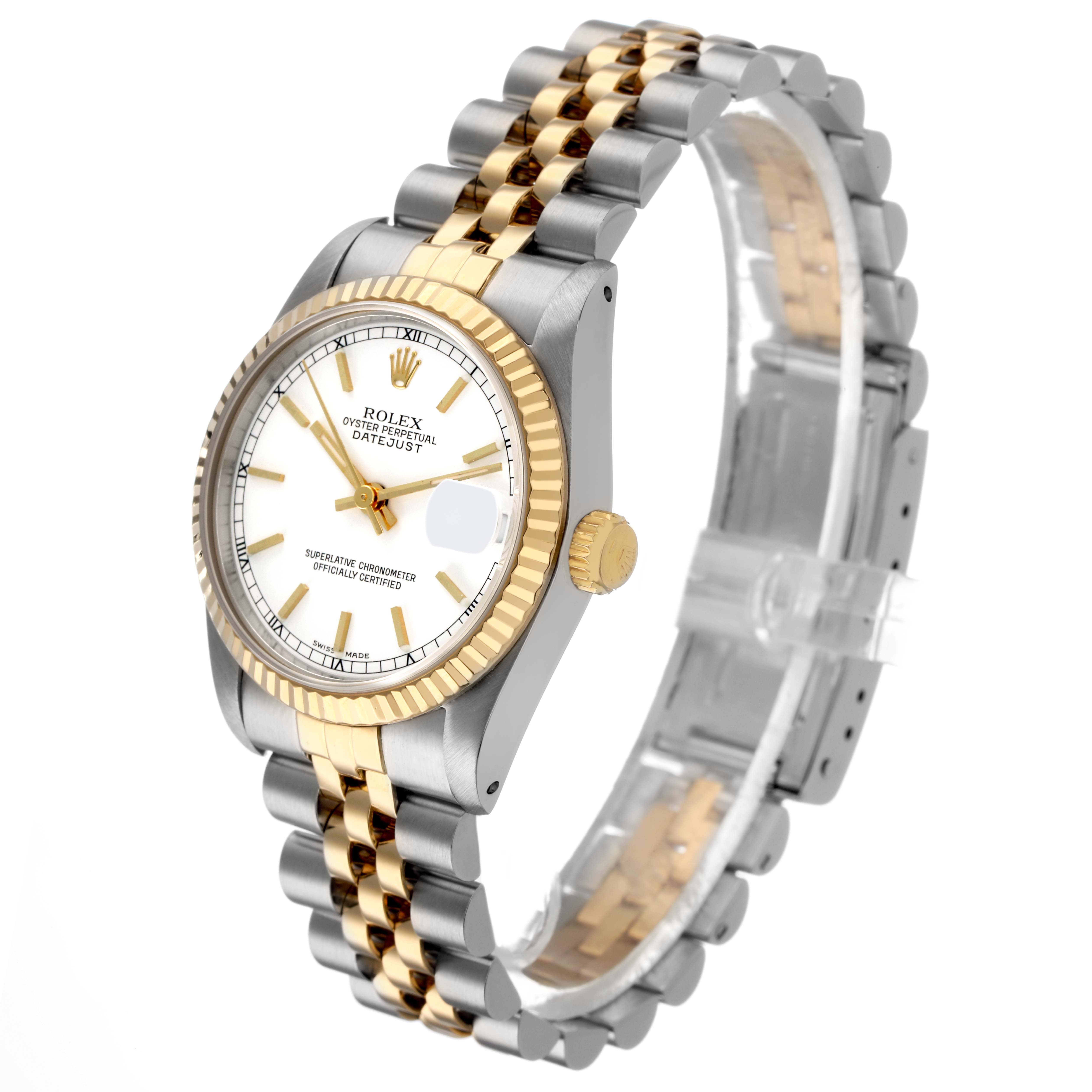 The Rolex Mid-Size 68273 Women's Stainless Steel White Dial watch is shown at an angle highlighting the face, bezel, crown, and bracelet.