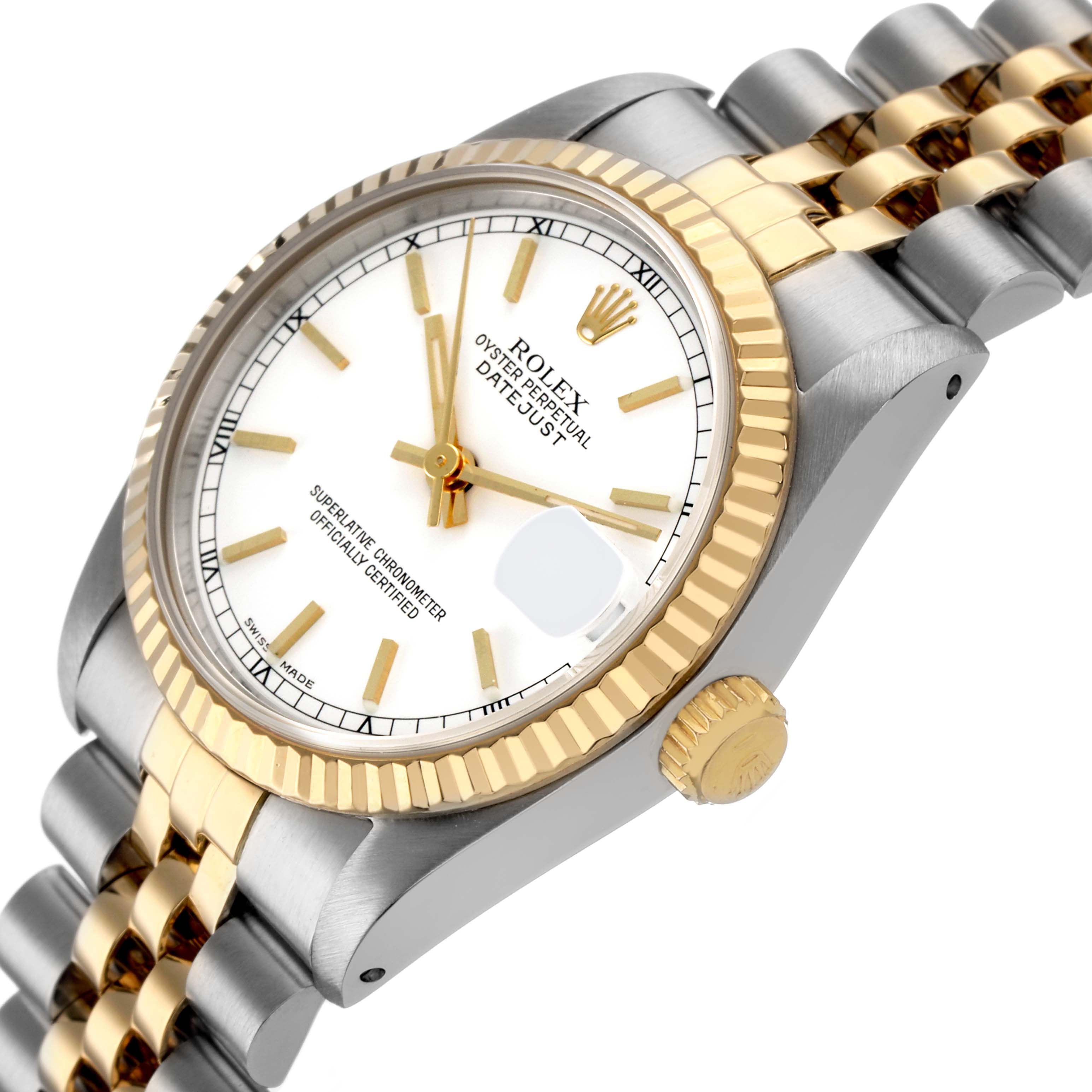 The Rolex Mid-Size 68273 Women's Stainless Steel White Dial watch is shown from a three-quarter angle, highlighting the gold bezel, crown, and two-tone bracelet.