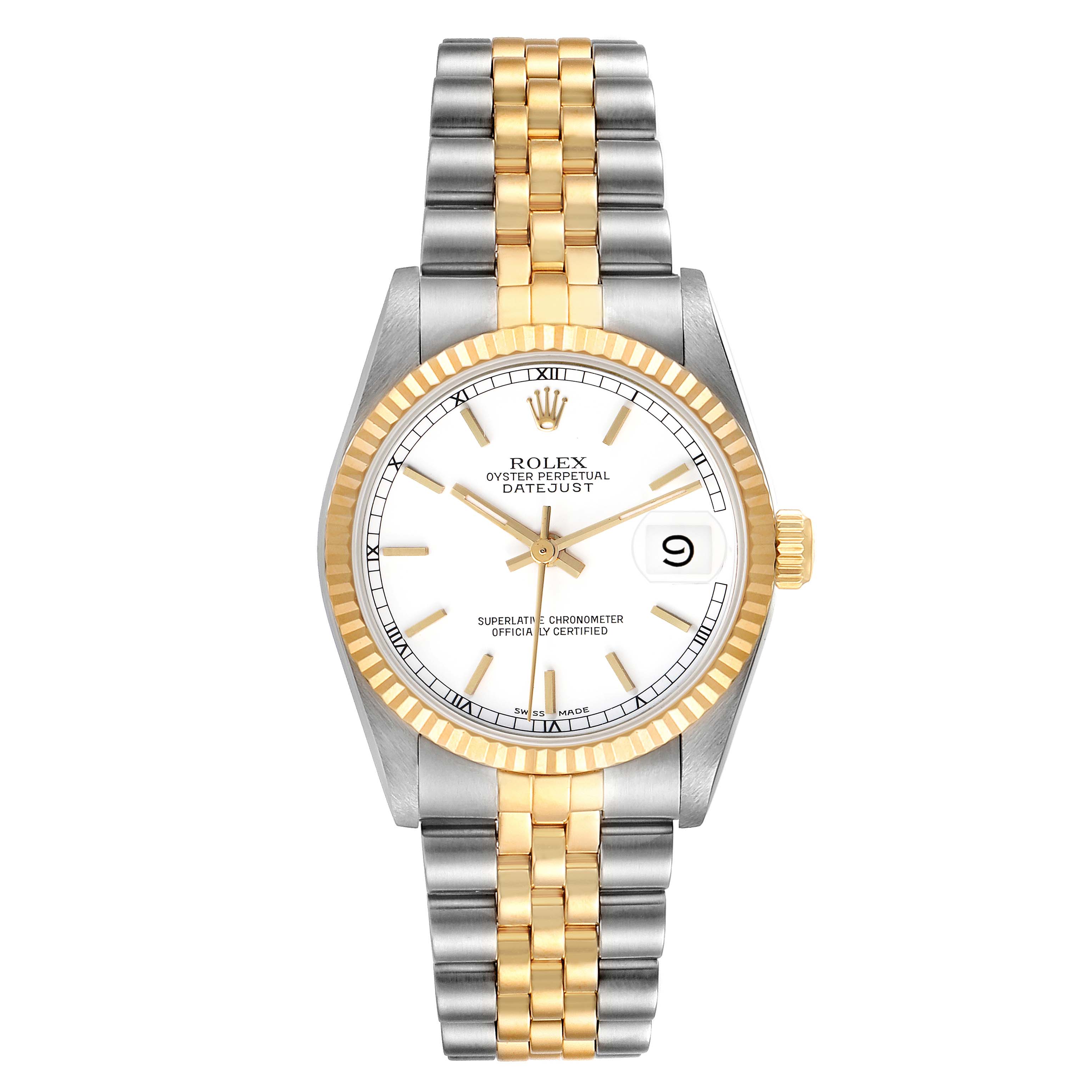 The Rolex Mid-Size 68273 Women's Stainless Steel White Dial model is shown from the front, displaying the dial, bezel, and bracelet.
