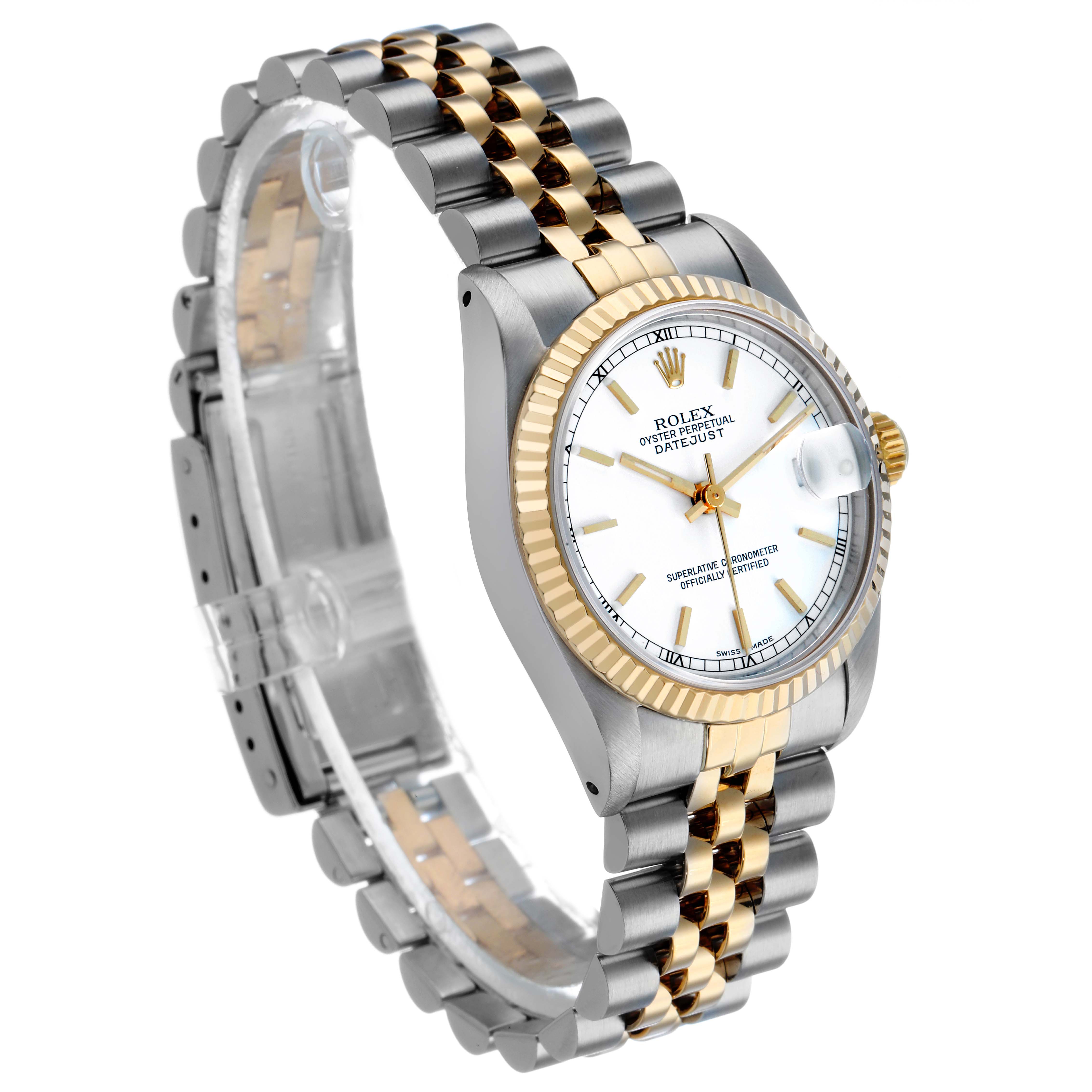The Rolex Mid-Size 68273 Women's Stainless Steel White Dial watch is shown at an angled view, highlighting the face, bezel, and two-tone bracelet.