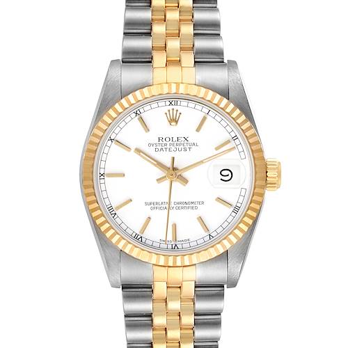 The image shows a front view of a Rolex Datejust Mid-Size watch, highlighting the dial, bezel, and bracelet.