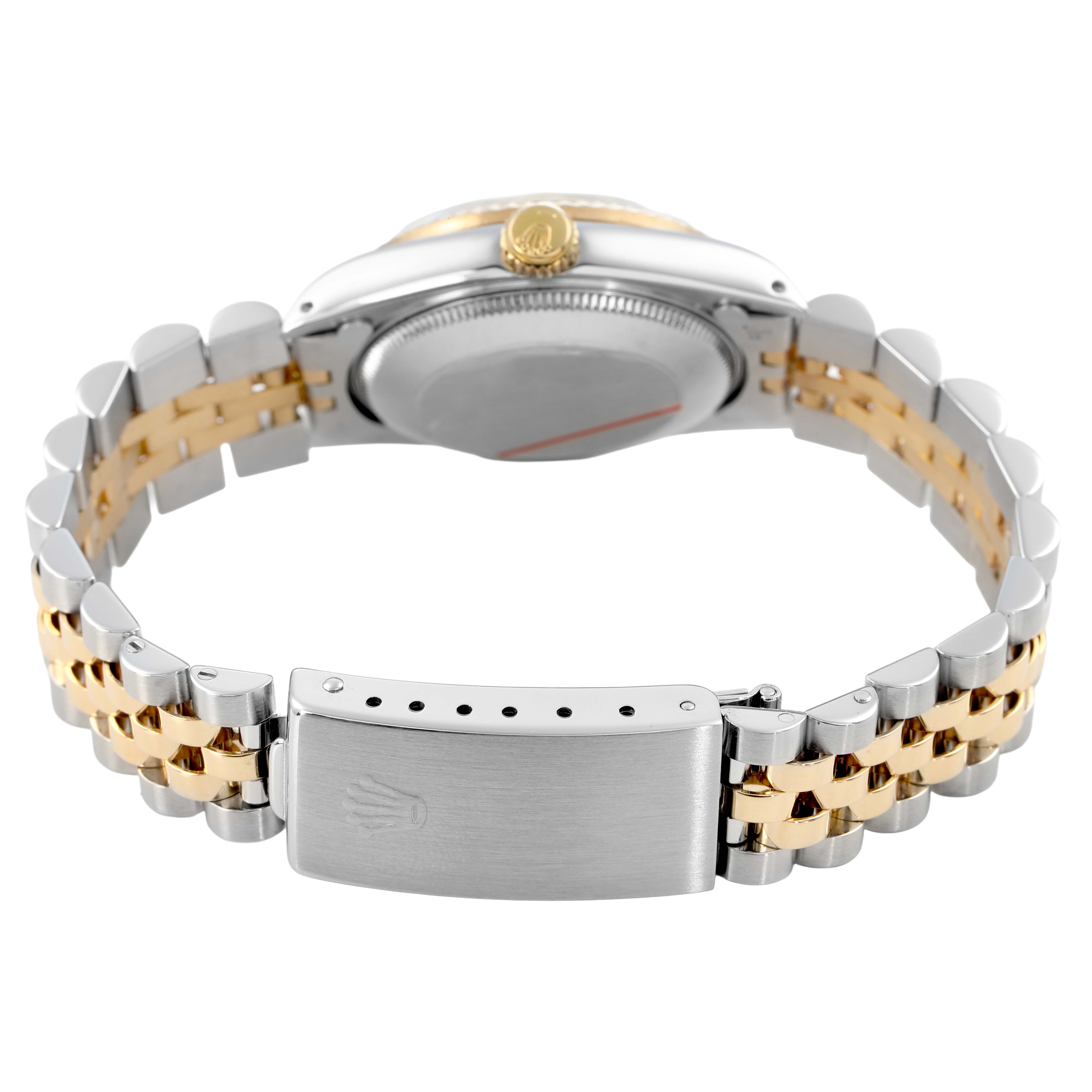 The image shows the back and bracelet of a Rolex Mid-Size 68273 Women's Stainless Steel White Dial model, focusing on the clasp and case back.