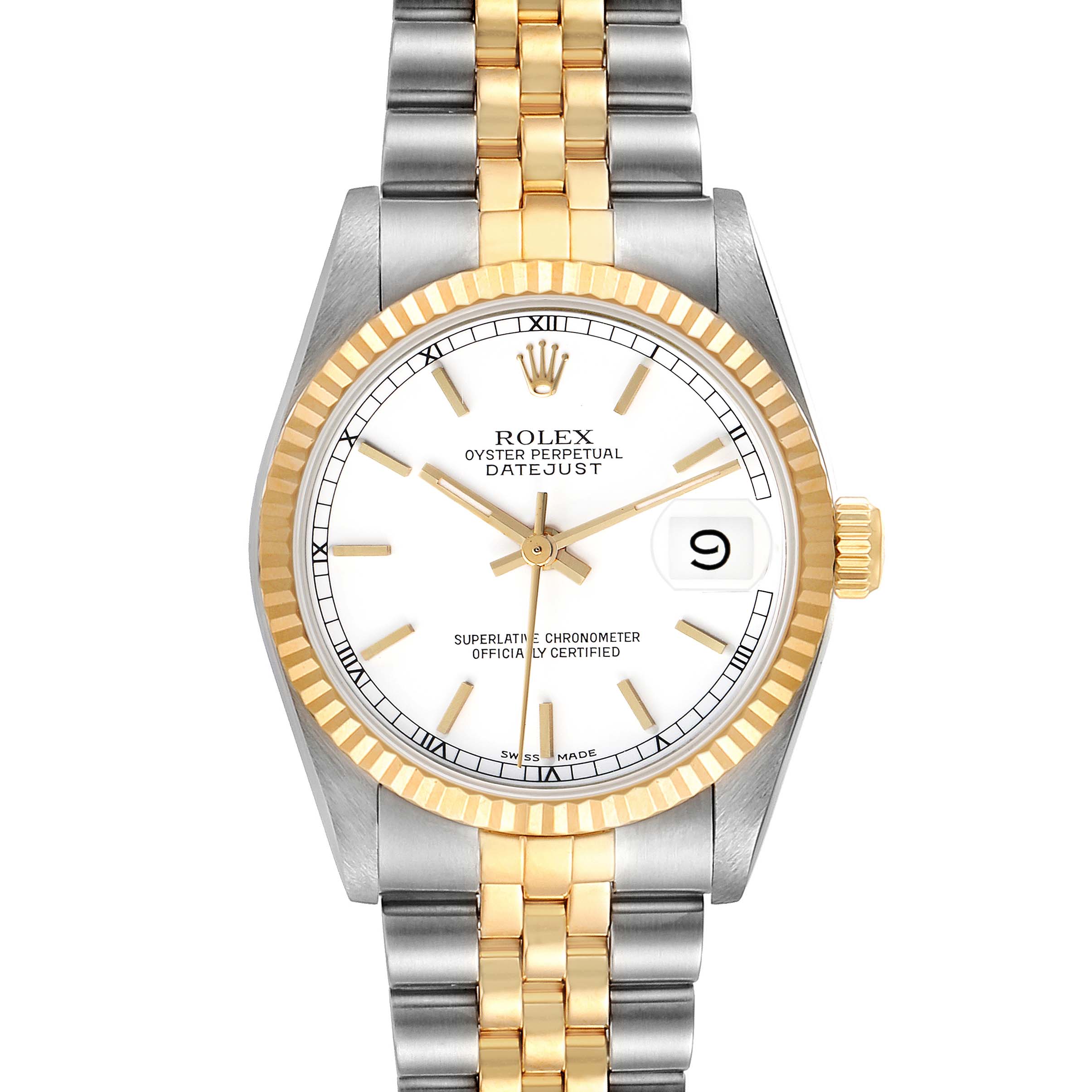 The Rolex Datejust Mid-Size watch is shown from the front, displaying the dial, bezel, case, and bracelet.