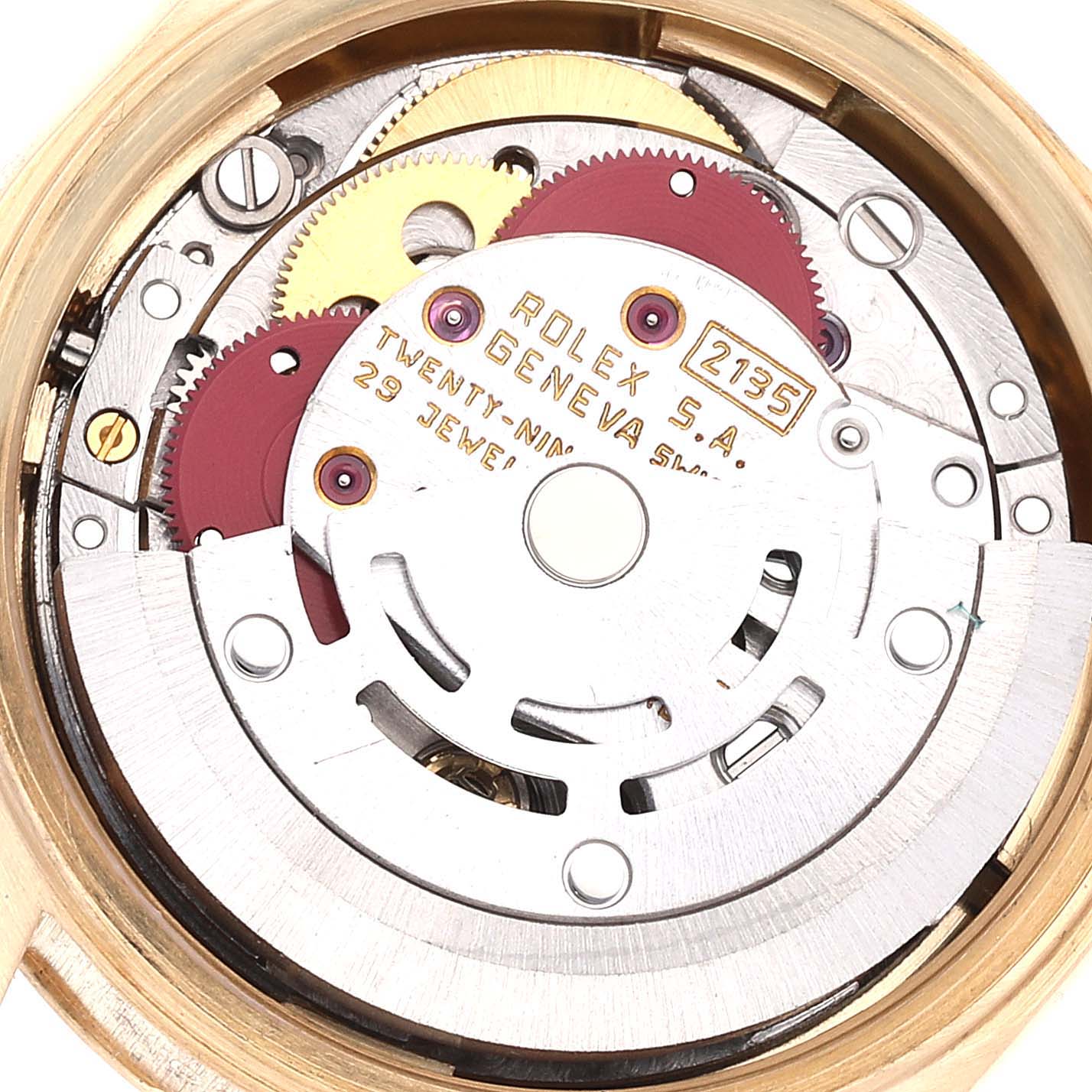 This image shows the inner mechanical movement of a Rolex President 69178 Women's Yellow Gold Black Dial 69178 Women's Yellow Gold Black Dial model watch from a top-down angle.