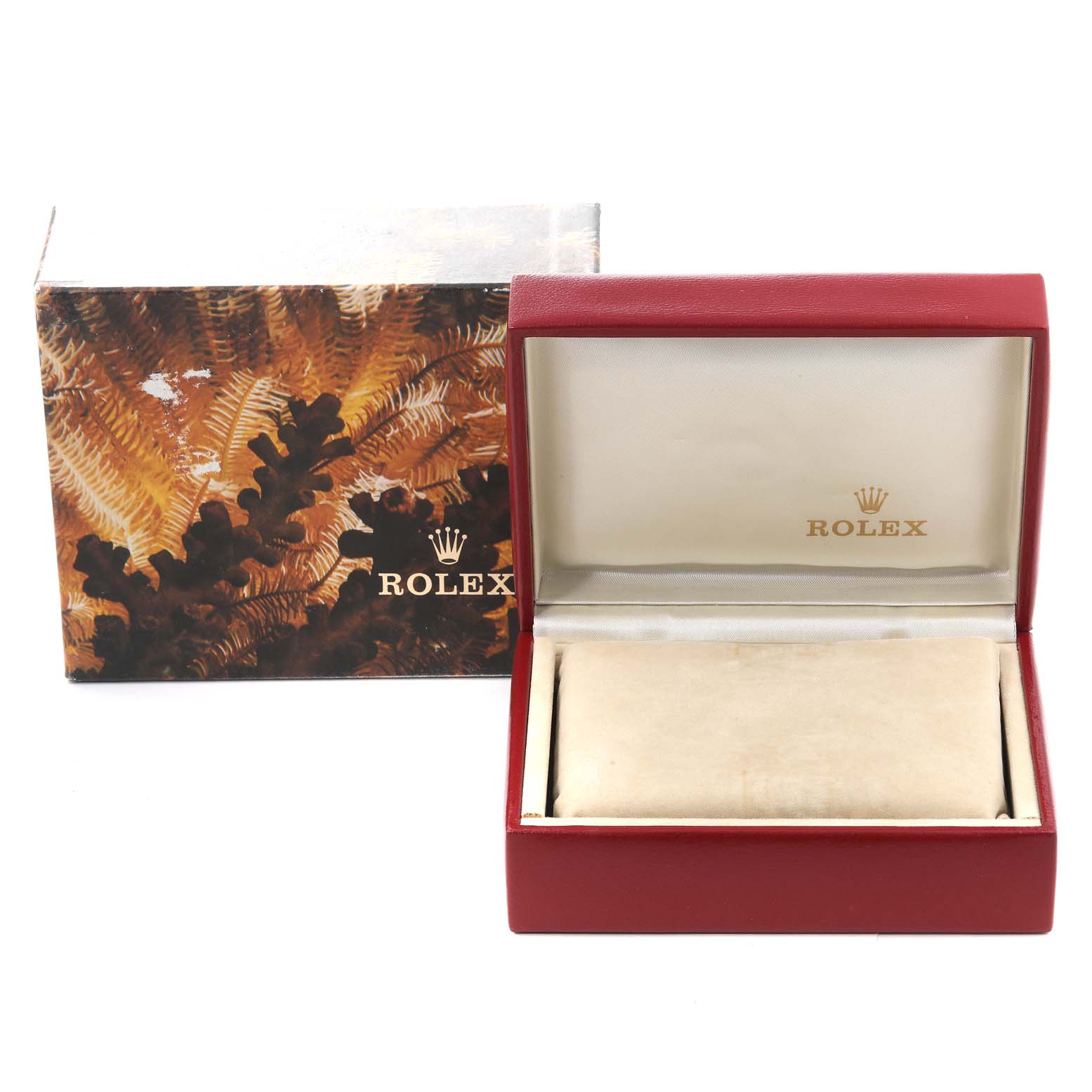 The image shows an empty watch box and outer box for a Rolex President 69178 Women's Yellow Gold Black Dial 69178 Women's Yellow Gold Black Dial model from a front angle.