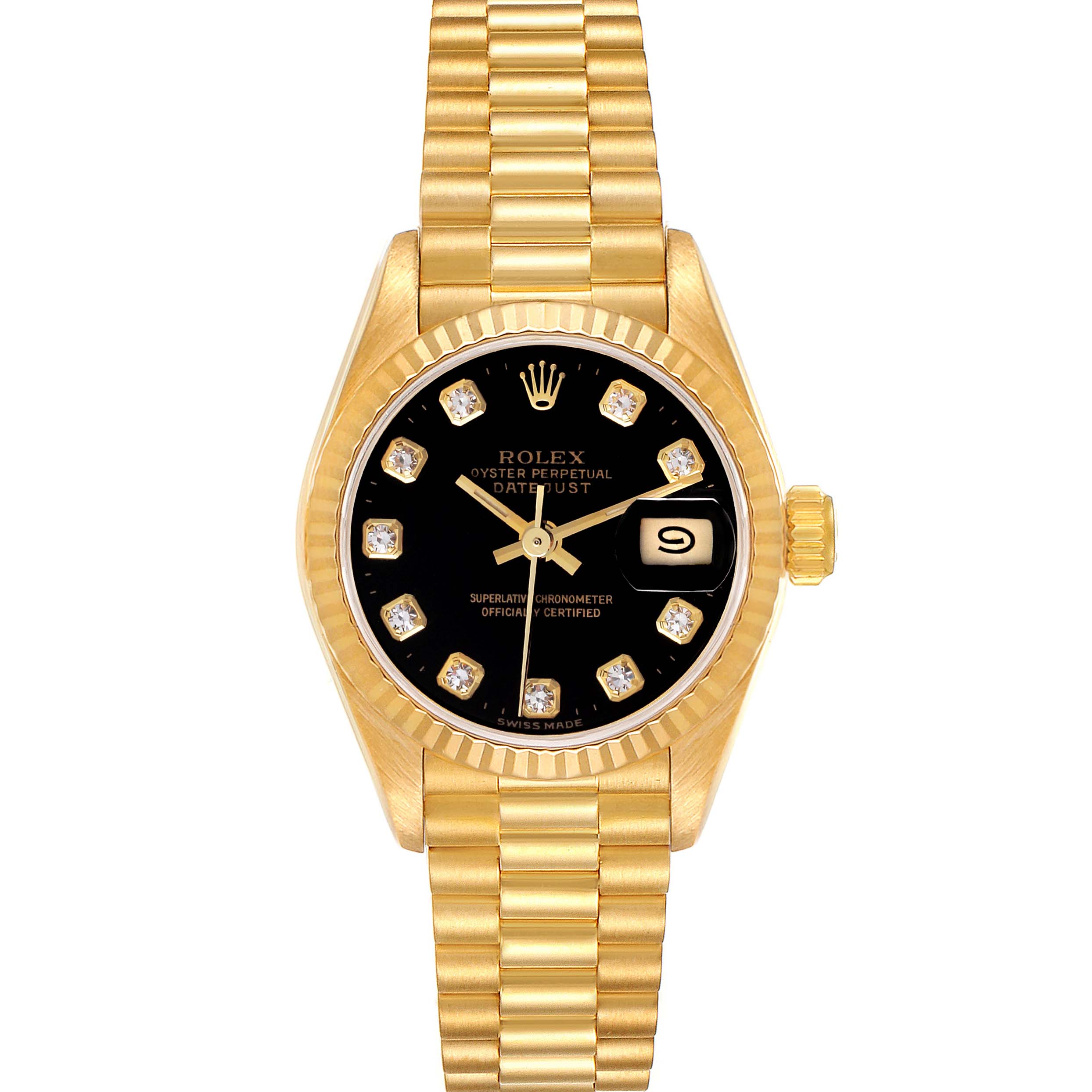 The Rolex President 69178 Women's Yellow Gold Black Dial 69178 Women's Yellow Gold Black Dial watch model is shown from a top-down angle, displaying the face, bezel, and bracelet.