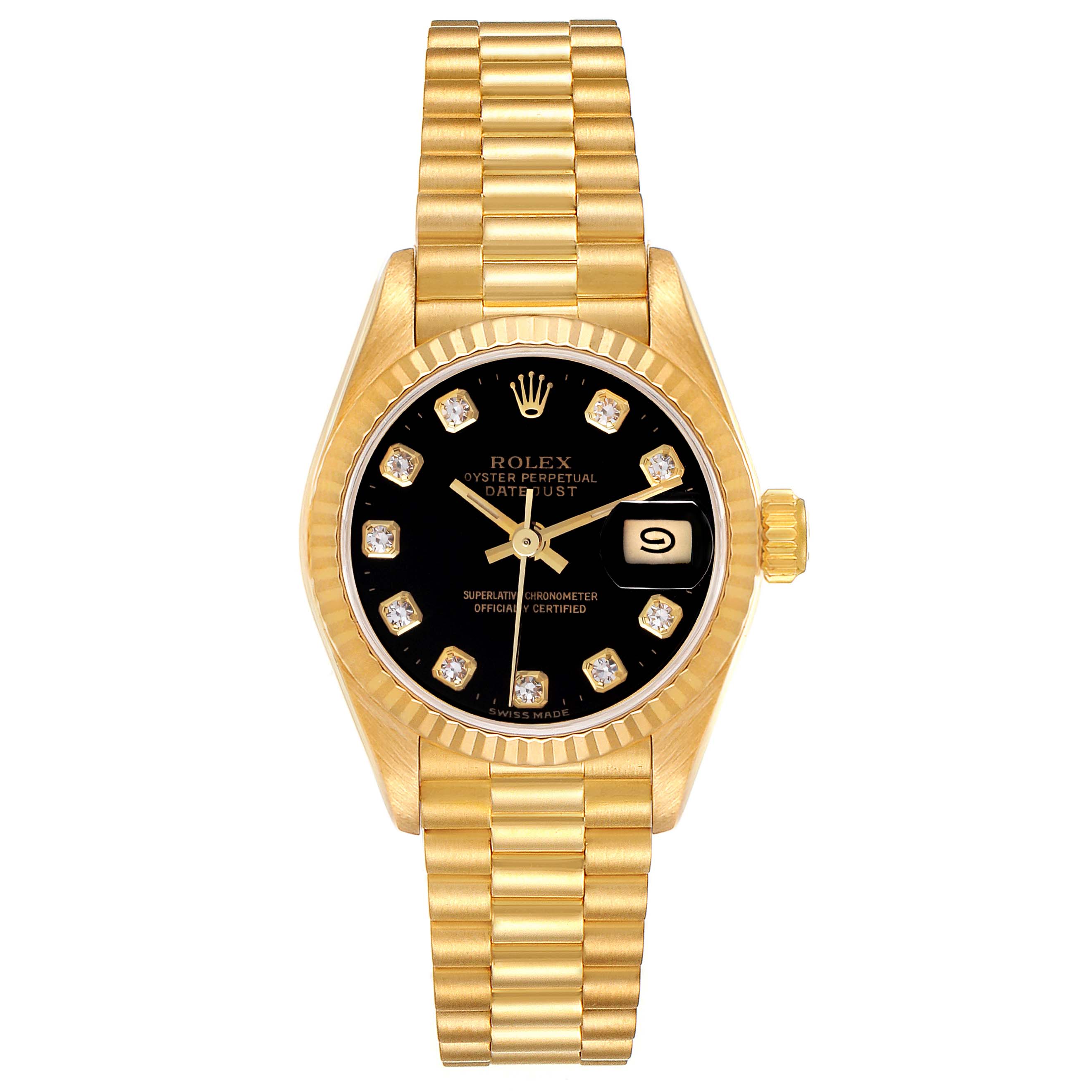 This image shows the front view of a Rolex President 69178 Women's Yellow Gold Black Dial 69178 Women's Yellow Gold Black Dial model watch, displaying its face, bezel, and band.