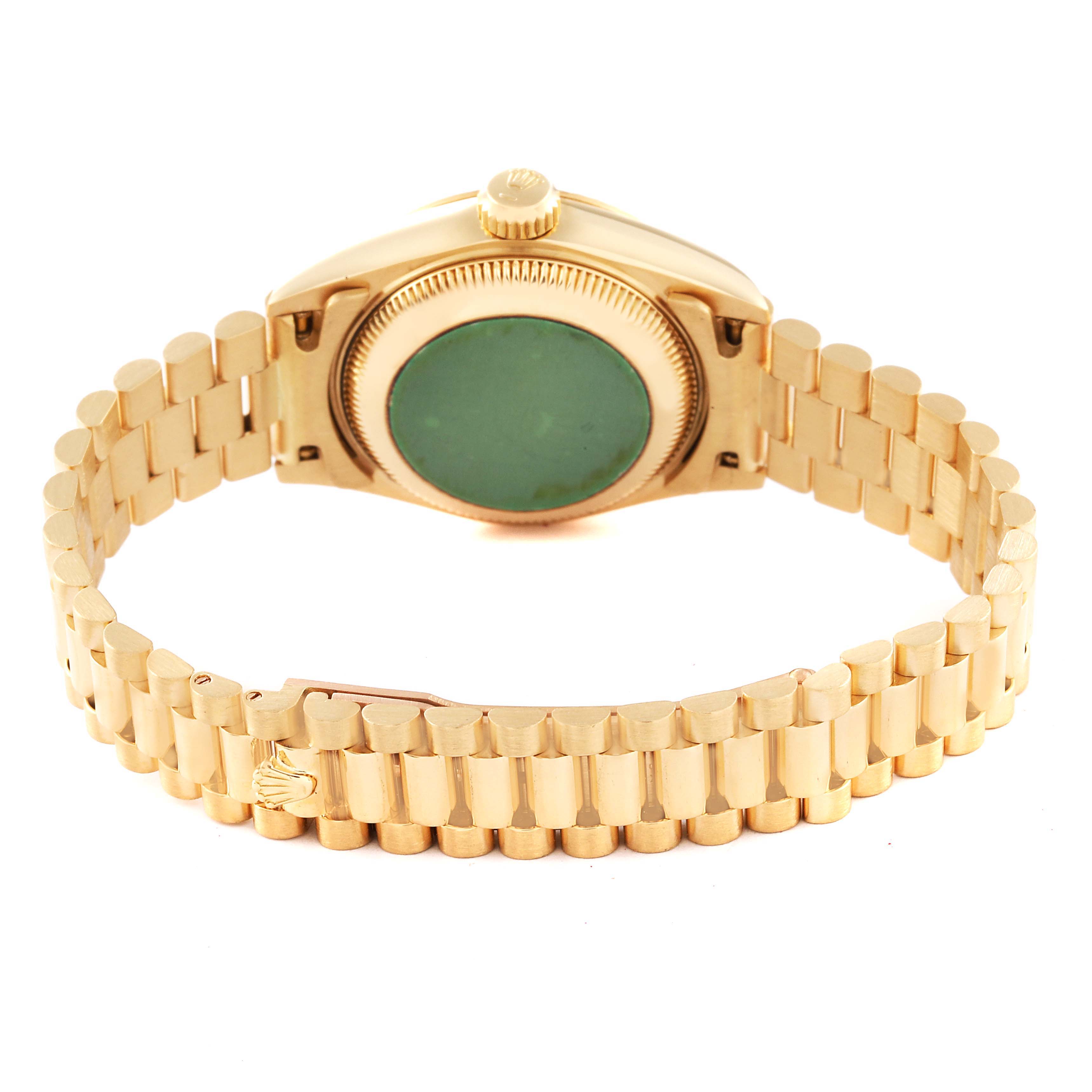 The image shows the backside and bracelet of the Rolex President 69178 Women's Yellow Gold Black Dial 69178 Women's Yellow Gold Black Dial model watch.