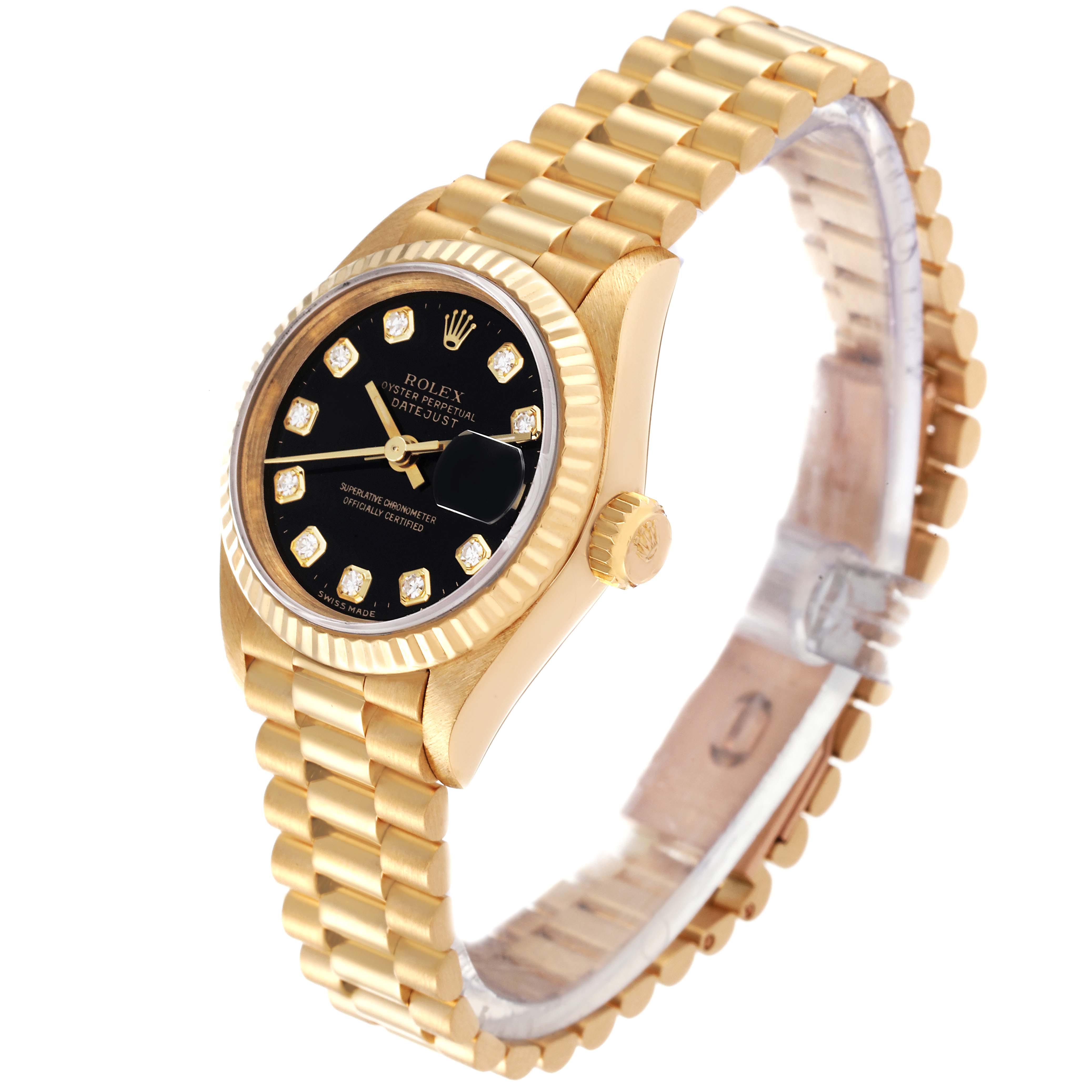 The image shows a Rolex President 69178 Women's Yellow Gold Black Dial 69178 Women's Yellow Gold Black Dial model watch at an angled view, highlighting its gold band, black dial, and diamond hour markers.