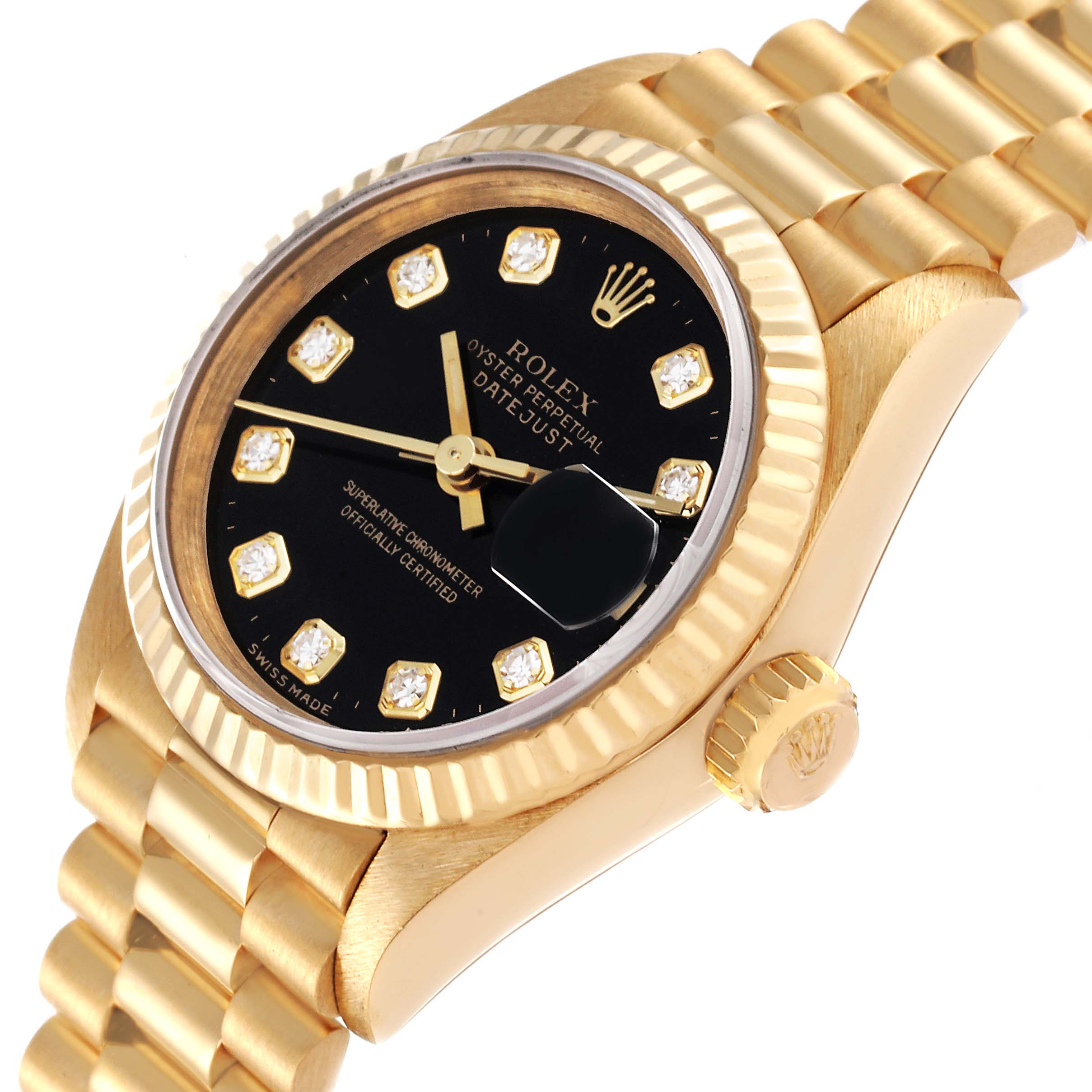 This image shows the Rolex President 69178 Women's Yellow Gold Black Dial 69178 Women's Yellow Gold Black Dial model watch at a slight angle, highlighting the face, bezel, crown, and part of the bracelet.