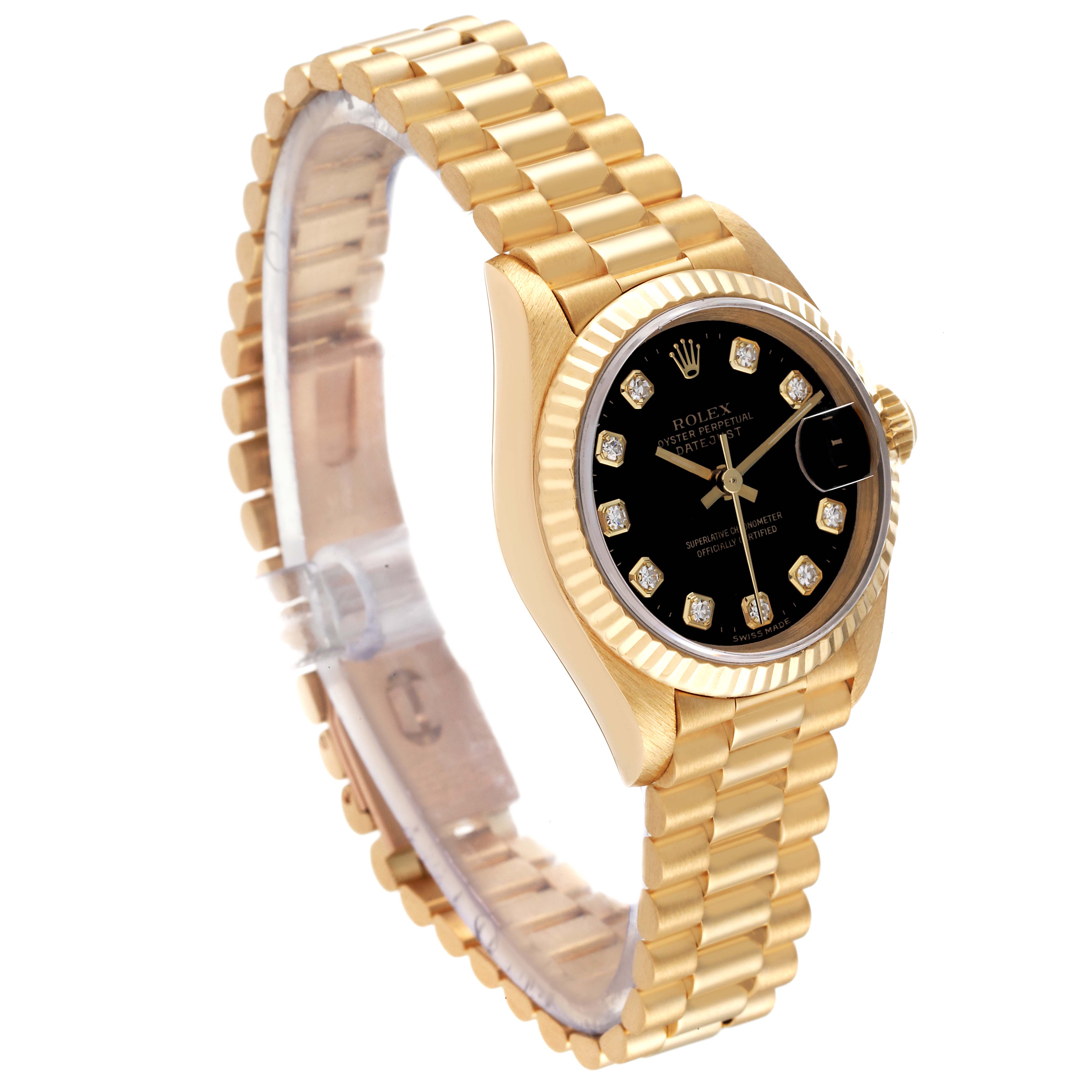 The image shows a side angle of the Rolex President 69178 Women's Yellow Gold Black Dial 69178 Women's Yellow Gold Black Dial model, highlighting its gold bracelet, black dial with diamonds, and fluted bezel.