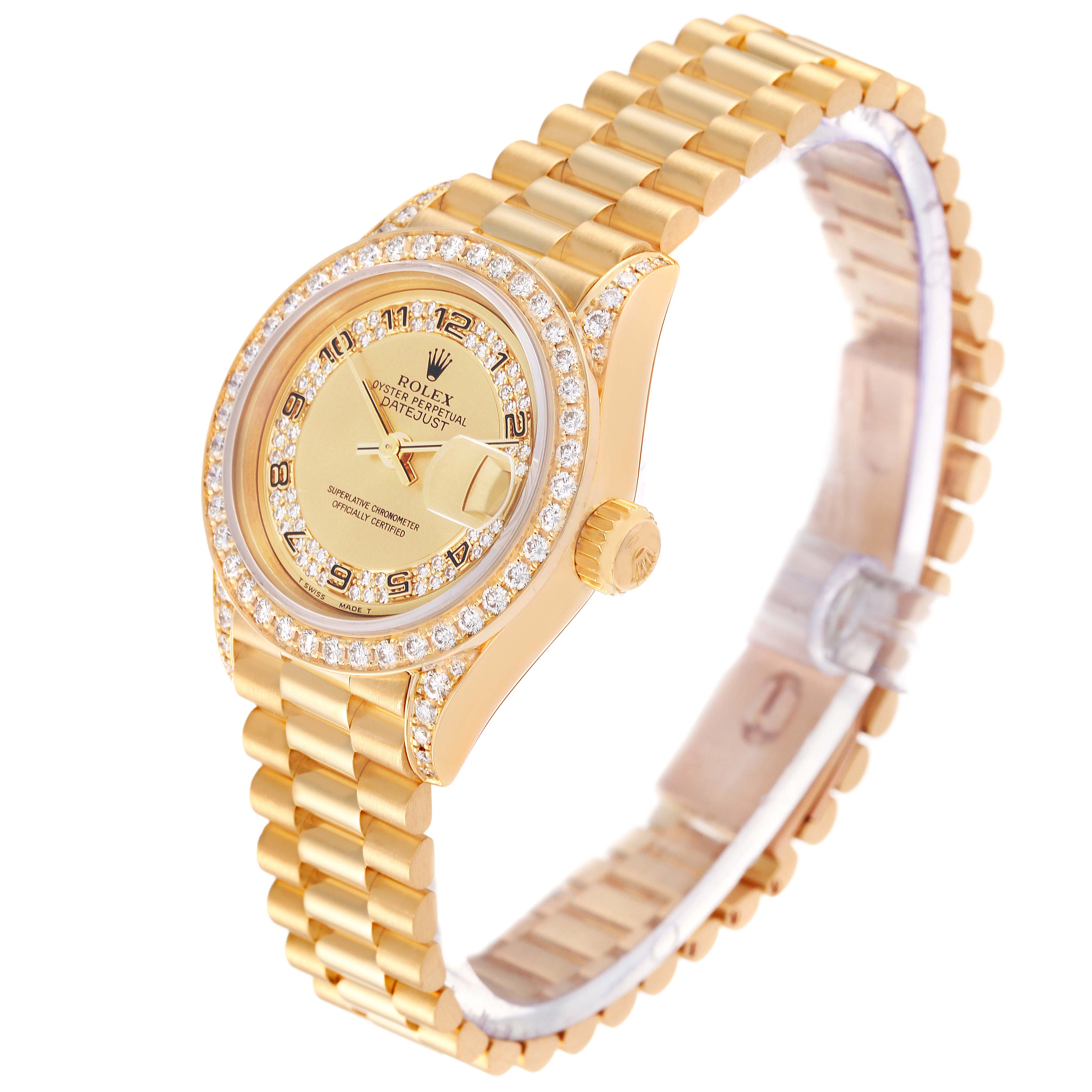 The image shows a Rolex President 69158 Women's Yellow Gold Champagne Dial 69158 Women's Yellow Gold Champagne Dial watch at an angle showcasing the dial, bezel, bracelet, and crown.