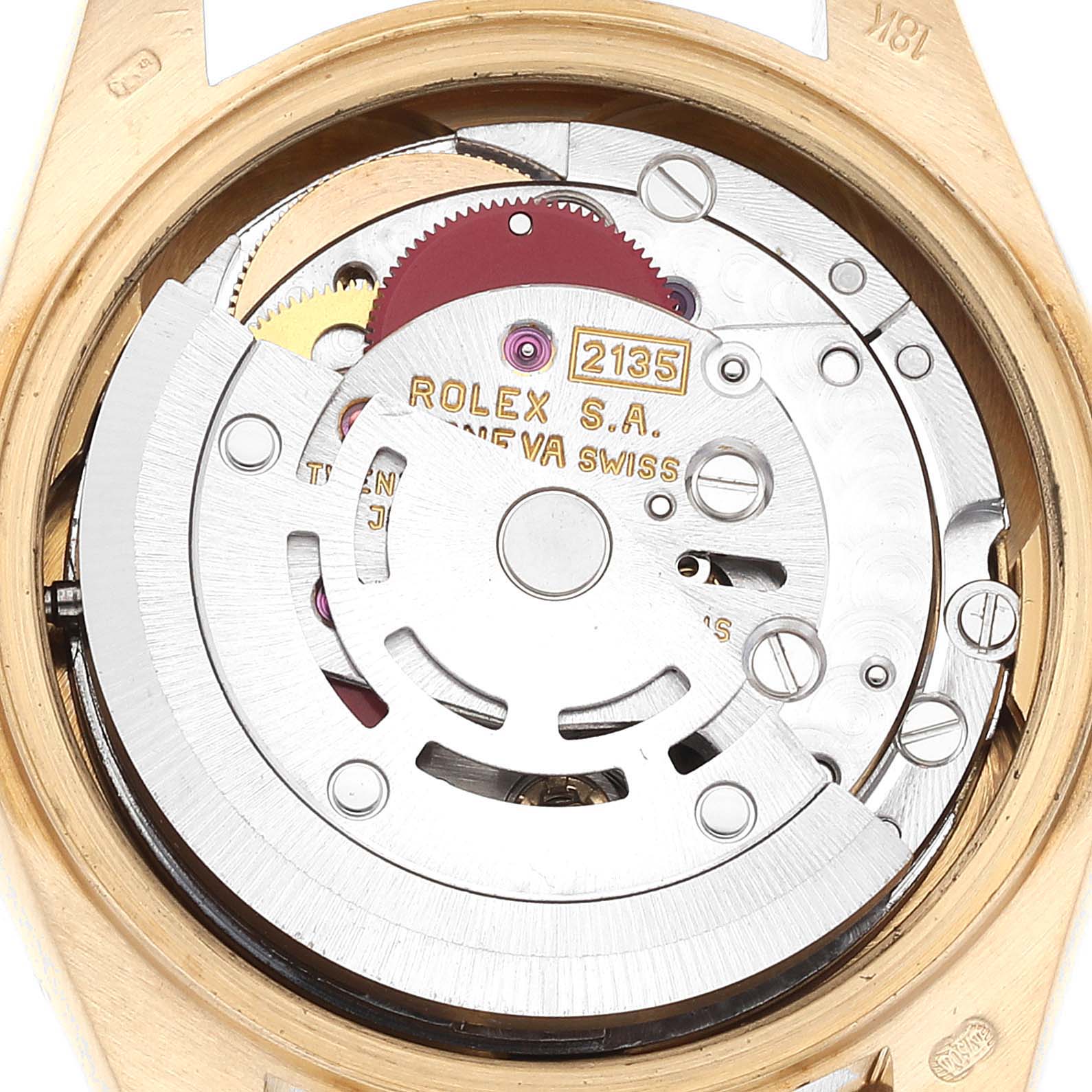 This image shows a close-up of the movement mechanism of a Rolex President 69158 Women's Yellow Gold Champagne Dial 69158 Women's Yellow Gold Champagne Dial model watch.