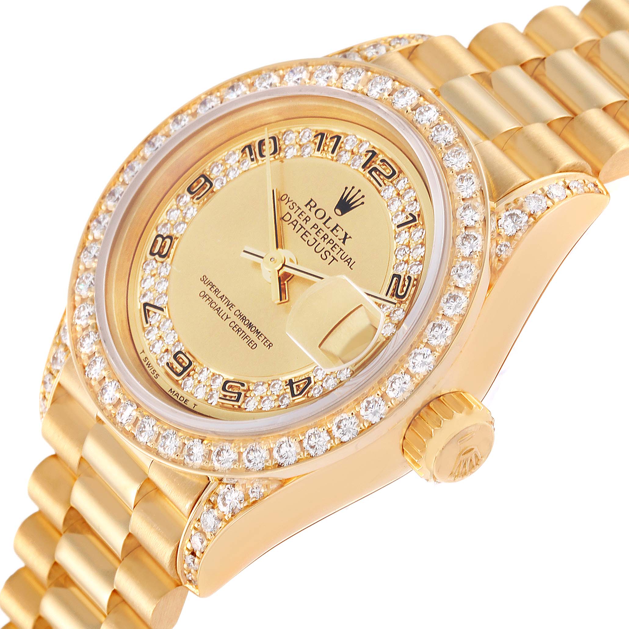 This image shows a close-up, angled view of a Rolex President 69158 Women's Yellow Gold Champagne Dial 69158 Women's Yellow Gold Champagne Dial model watch, highlighting its gold case, diamond bezel, and bracelet.