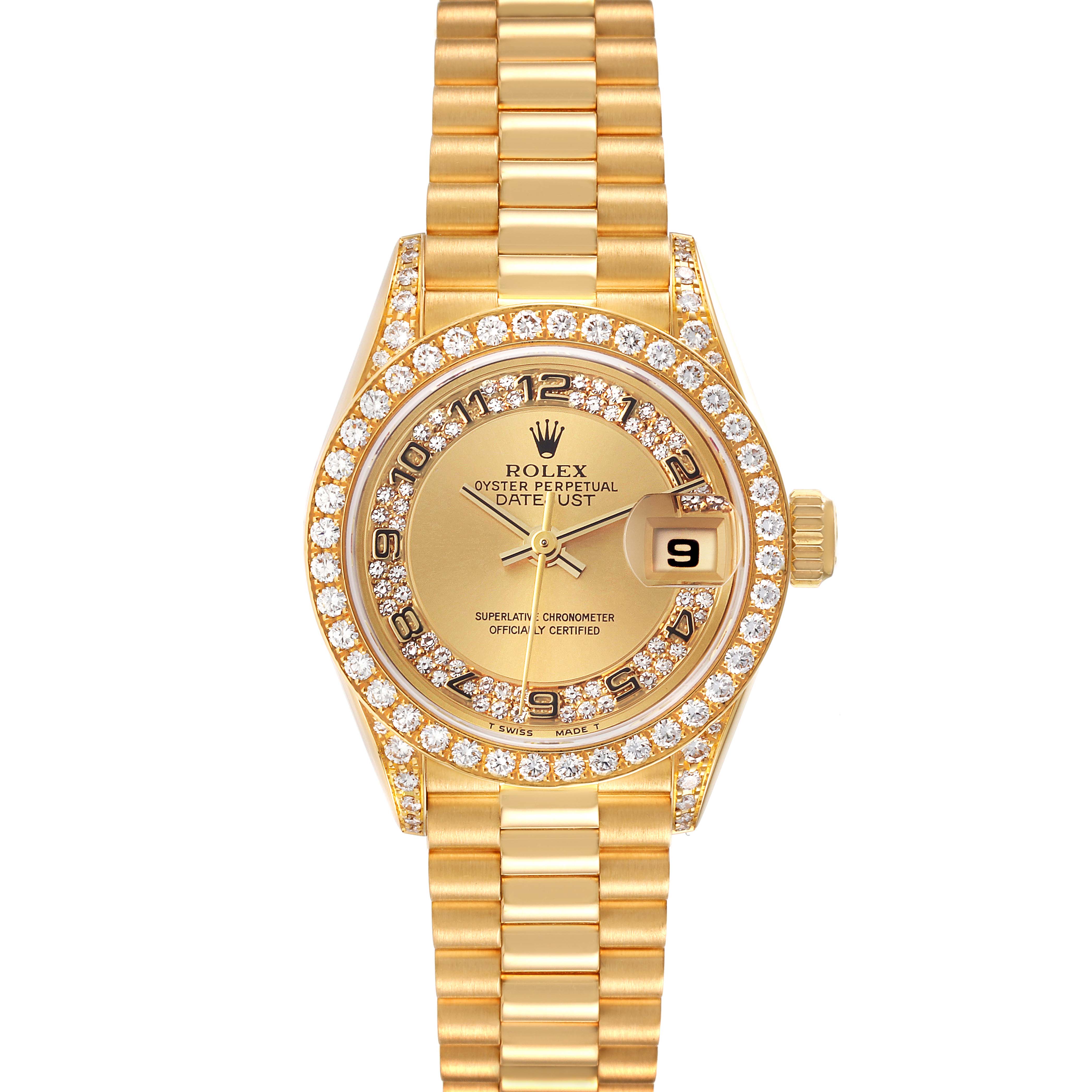 This Rolex President 69158 Women's Yellow Gold Champagne Dial 69158 Women's Yellow Gold Champagne Dial model is shown from a front view, highlighting its gold bracelet, diamond bezel, and date display.