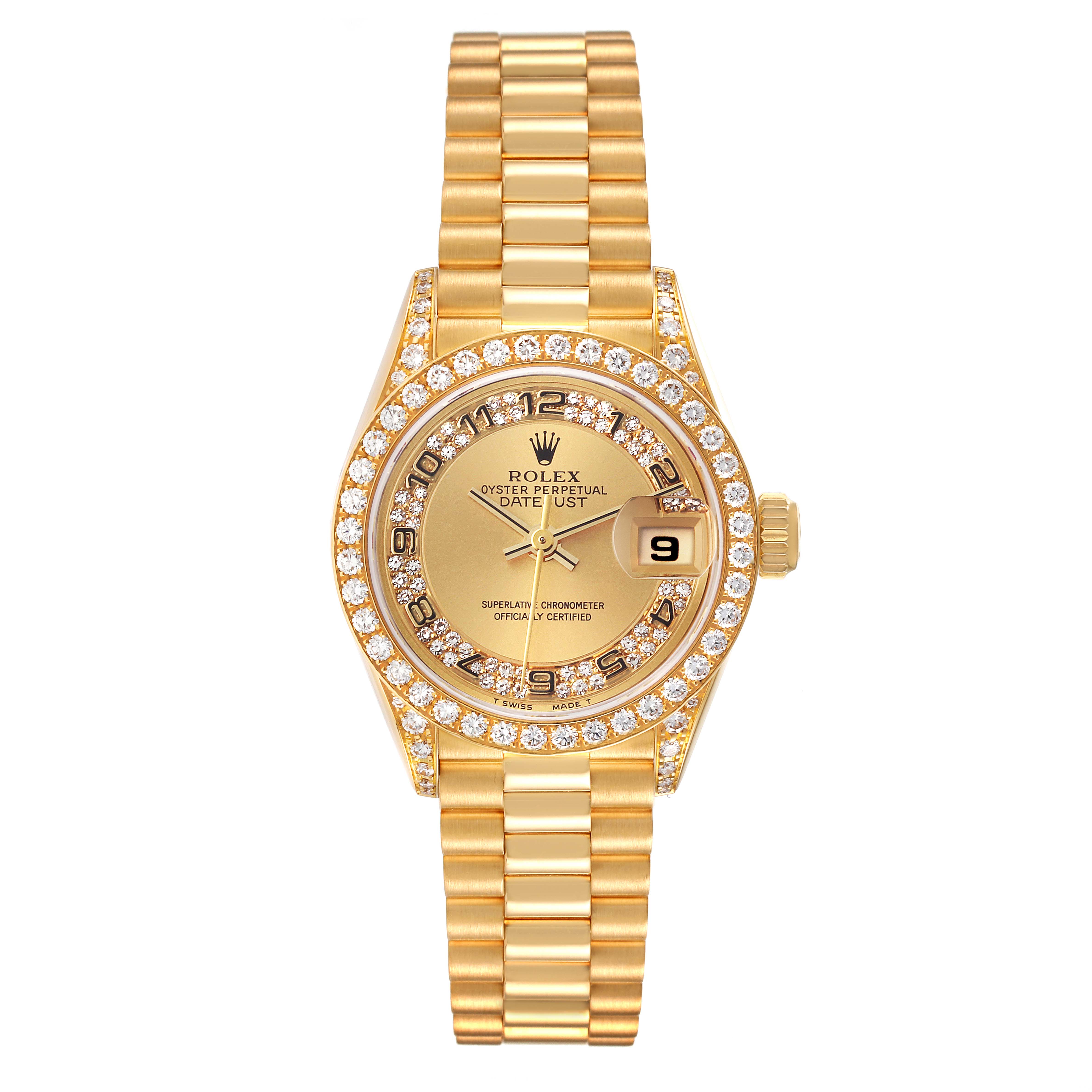 This image shows a frontal view of a Rolex President 69158 Women's Yellow Gold Champagne Dial 69158 Women's Yellow Gold Champagne Dial model watch, featuring the dial, bezel, and bracelet.
