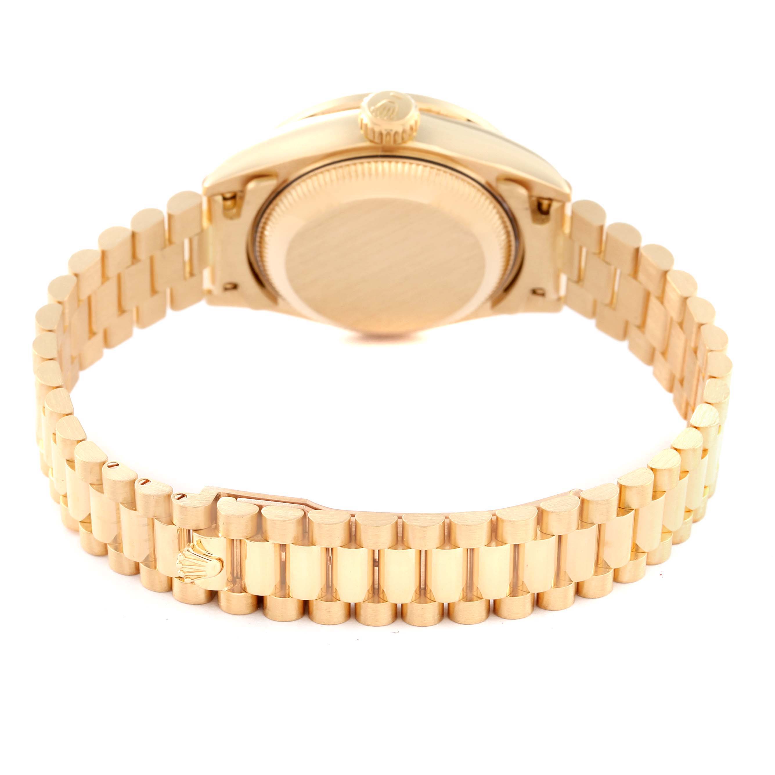 The image shows the back and bracelet of a Rolex President 69158 Women's Yellow Gold Champagne Dial 69158 Women's Yellow Gold Champagne Dial model watch from a rear angle.