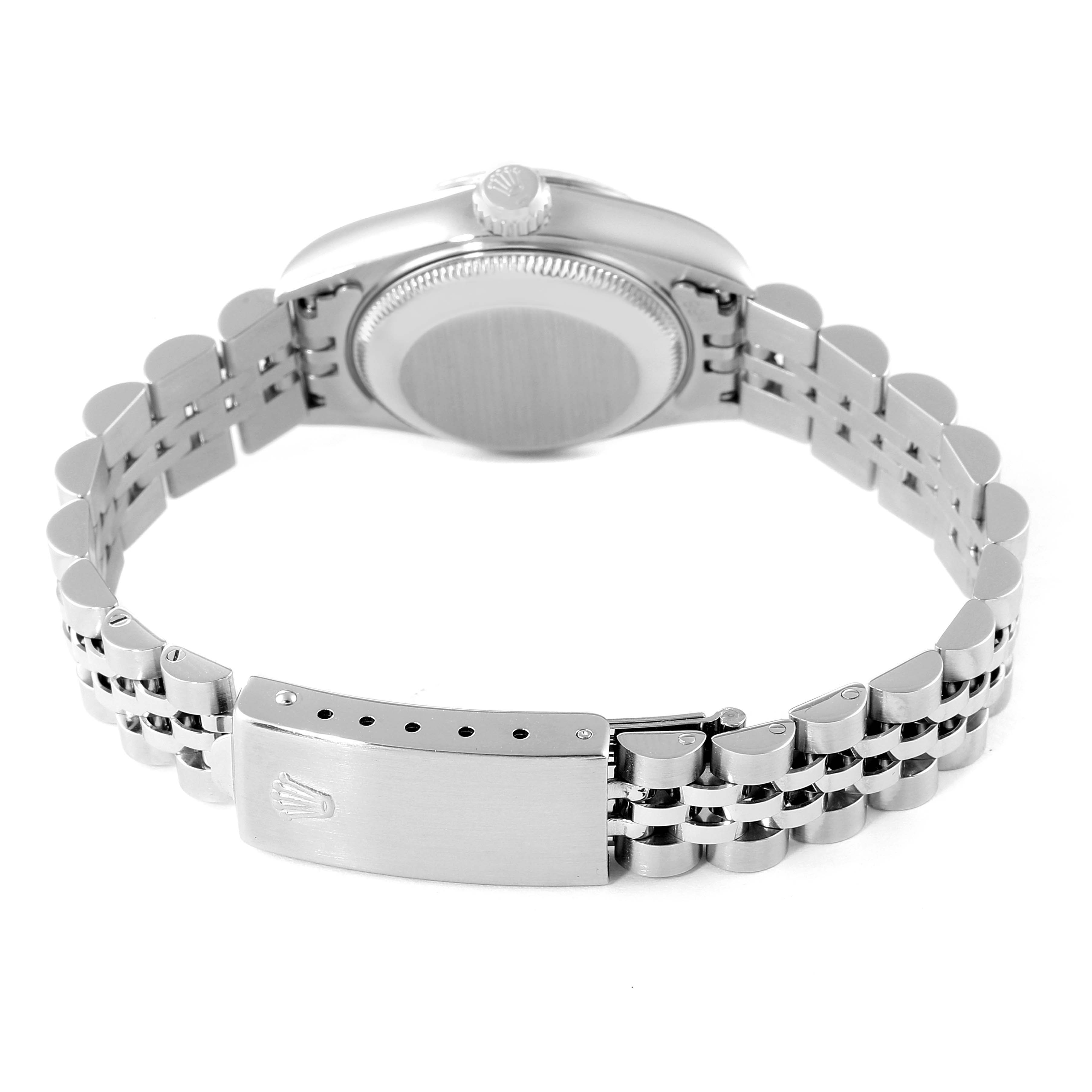 The image shows the back view of a Rolex Datejust 69174 Women's Stainless Steel Black Dial 69174 Women's Stainless Steel Black Dial watch, featuring the bracelet and clasp.