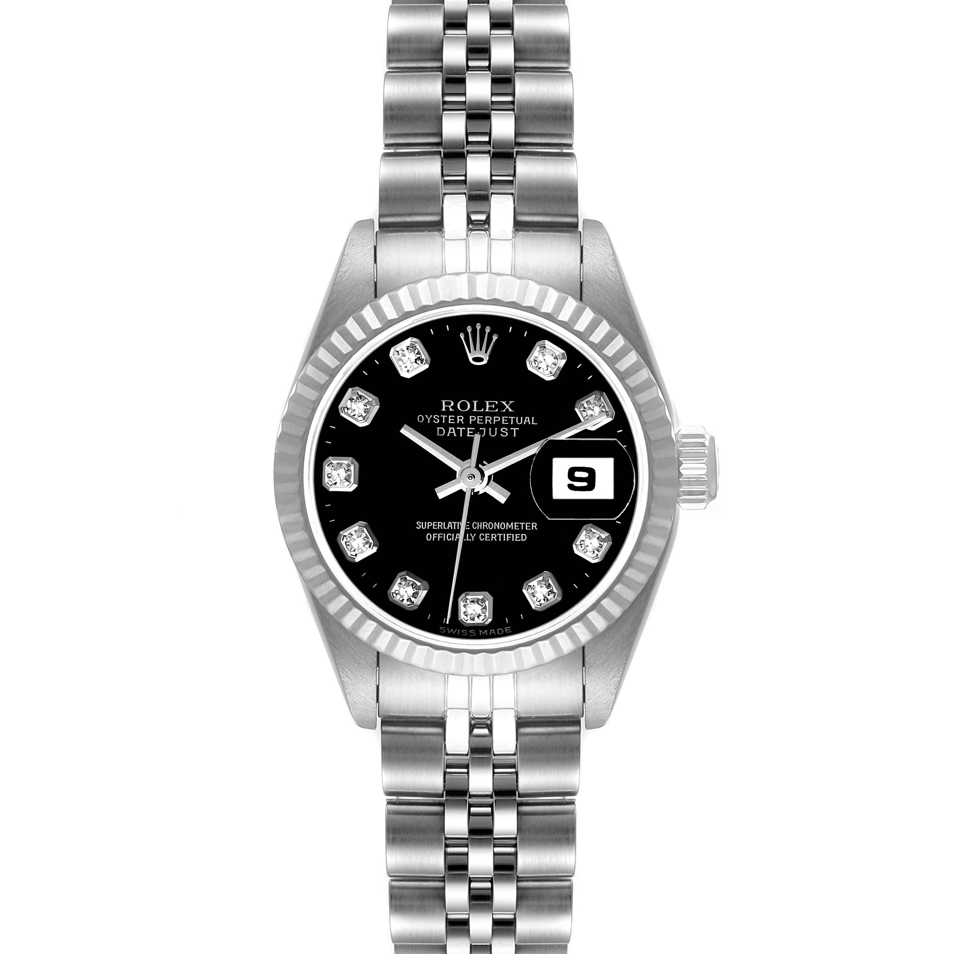 The image shows a front view of a Rolex Datejust 69174 Women's Stainless Steel Black Dial 69174 Women's Stainless Steel Black Dial watch with a black dial, date display, and Jubilee bracelet.