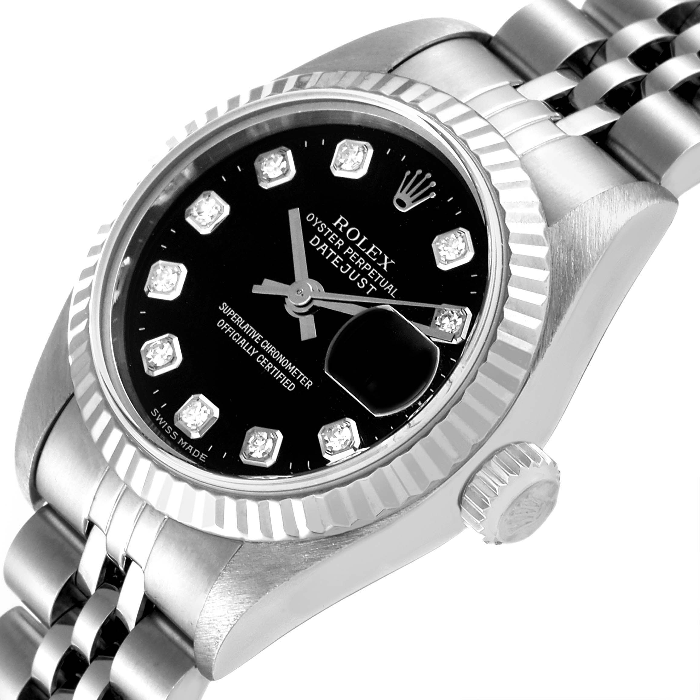 The image shows a close-up angled view of the Rolex Datejust 69174 Women's Stainless Steel Black Dial 69174 Women's Stainless Steel Black Dial, highlighting the dial, bezel, crown, and part of the bracelet.